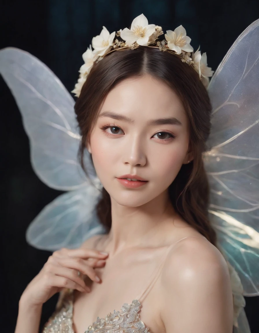 color photo of a mysterious flower fairy with transparent colorful wings, ((( asian girl ))), sitting in a divine light, with neon lights, holding a magic wand,axial symmetry, and a magnificent background,silver dress, high heels, flower crown, starry sky background, serene and enigmatic expression, Nikon Z7 II camera, Fujifilm Velvia 50 film, 50mm lens, high saturation, Tim Walker, David LaChapelle, Sofia Coppola, Valentino, Alexander McQueen,((close-up))