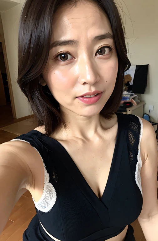 (flat-colors:0.9),(colourfull:1.1),(masterpiece:1,2), top-quality, masterpiece, hight resolution, Original, highly detailed wallpaper, Viewer's Perspective,Solo,portlate, ((A MILF))、((57 years old))、Mature Woman Body Set、Exposing breasts、Detailed tongue、Detailed mouth、Staring at this、No clothes、Wrinkles at the corners of the eyes、