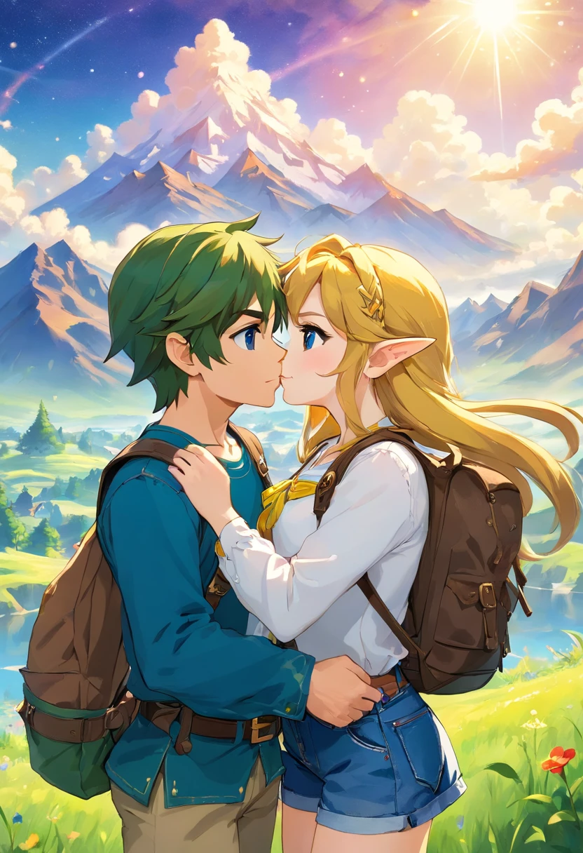 The vast starry sky, the beautiful skyline, the vast grassland, extremely tense and dramatic pictures, the moving visual effects, the high-hanging Polaris, and colorful natural light. A long-sleeved top, Denim shorts, And a girl with a backpack, long sleeved shirt, Denim jeans, And a boy with a backpack, two hand, Kissing, a couple, Koi, Lip kiss.