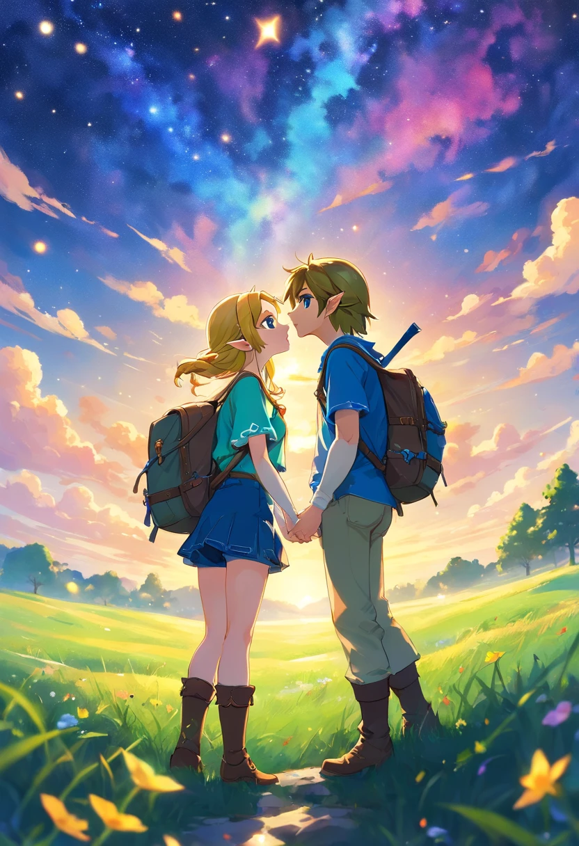 The vast starry sky, the beautiful skyline, the vast grassland, extremely tense and dramatic pictures, the moving visual effects, the high-hanging Polaris, and colorful natural light. A long-sleeved top, Denim shorts, And a girl with a backpack, long sleeved shirt, Denim jeans, And a boy with a backpack, two hand, Kissing, a couple, Koi, Lip kiss.