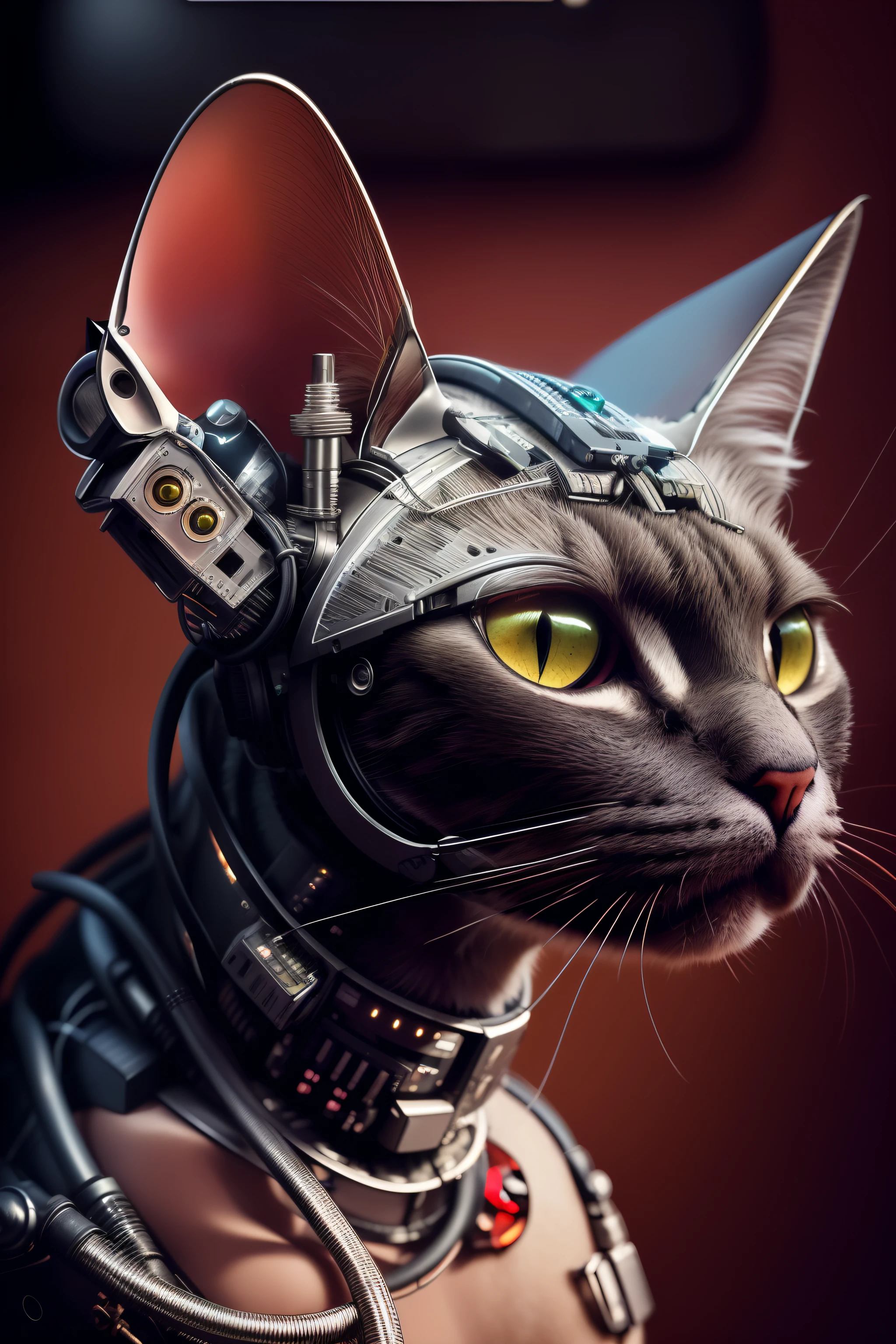 there is a cat with a head made of wires and wires, cyborg cat, a cyborg cat, cyberpunk cat, cyborg kitten, robot cat, robotic cat, steampunk cat, cat robot, industrial robotic cats, armored cat, inside a mechanical cat's head, 4k highly detailed digital art, portrait of a steampunk catgirl, cat detailed