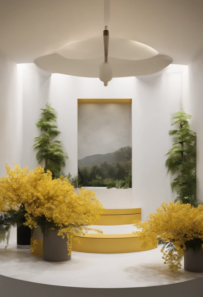 White round stand,product showcase,Featuring yellow ginkgo,rockery,Maximalism,Chinese background wall,studiolight,Soft lighting,3Drenderingof,The color theme can be modified