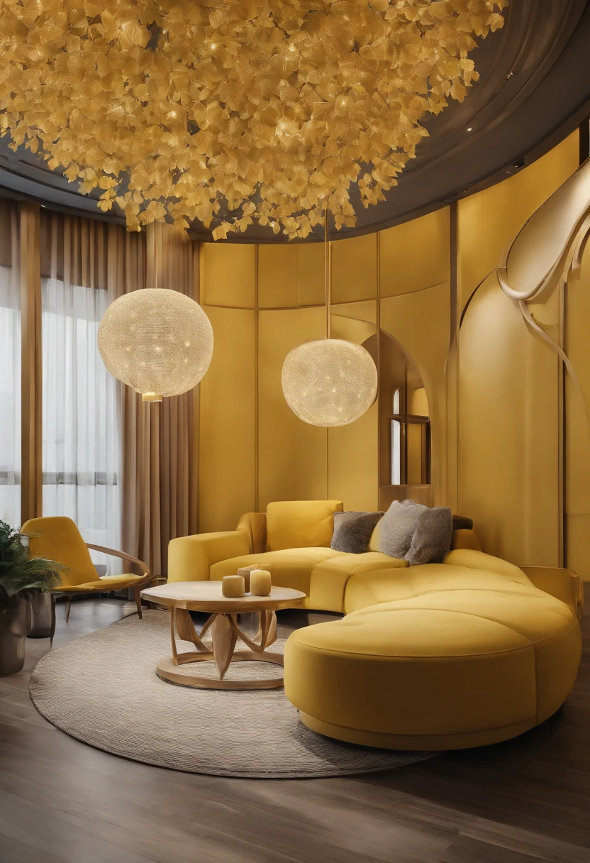 White round stand,product showcase,Featuring yellow ginkgo,rockery,Maximalism,Chinese background wall,studiolight,Soft lighting,3Drenderingof,The color theme can be modified