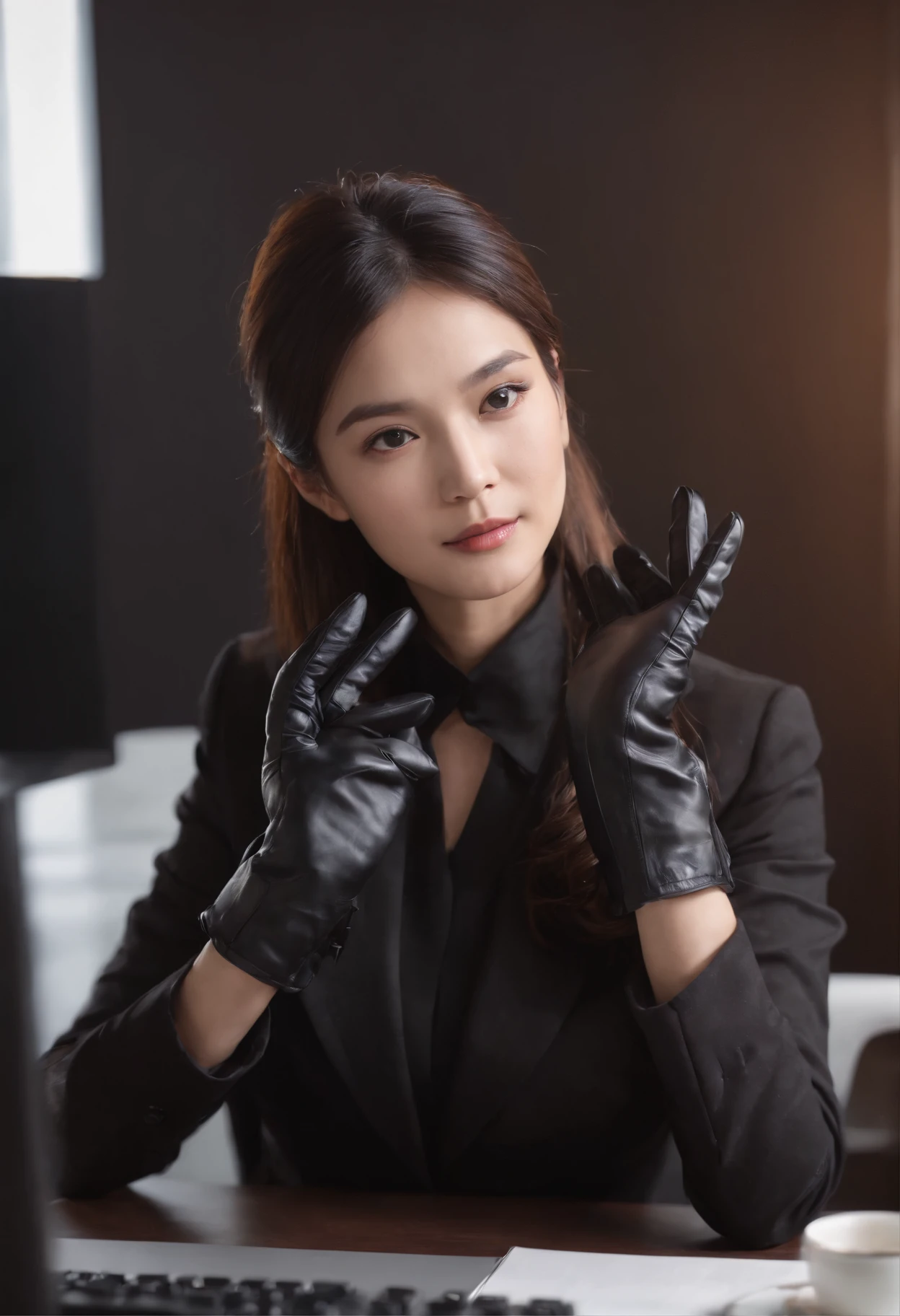 Wearing black leather gloves up to the fingertips in both hands, upper body, black business suit, facing the desk in your room with a computer in the dark, operate the computer keyboard with the fingertips of black leather gloves while looking at the screen, black hair bundled in the back for a long time, Japanese female new employee looking at this (black leather gloves cover both hands) (angle is　front)