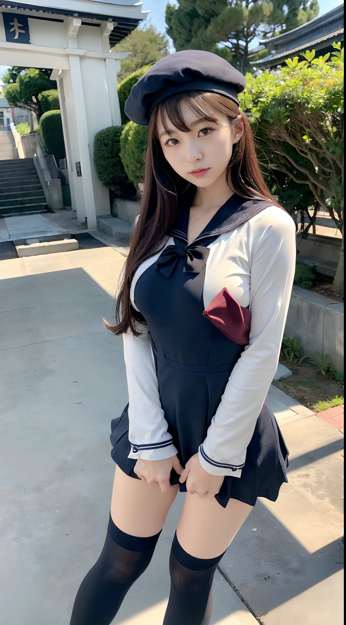 mix4, (16 K, Raw photography, Top image quality, masterpiece: 1.45), (realisitic, Photorealsitic: 1.37), one girls, 7.5, etc、Random hairstyle、Standing figure,Noon time slot、cute little, Precincts of the shrine,, profetional lighting, photon maping, a park、physically-based renderingt, Gradient dark brown hair,, a handsome, Well-groomed and beautiful eyes、Large double eyelids、Very shiny、girl with, (((student clothes、Long sleeve sailor suit worn by Japan girl、red cuffs、Dark blue mini skirt, Small gray beret、Dark blue knee-high socks、Black loafers、Have a rifle))), Top Quality Photos, hight resolution, 1080p, (clearface), (Detailed face description), (Detailed hand description), (masterpiece), (Exquisite CG)、extreme light and shadows、dishevled hair、master work、abundant detail、(Fine facial features)、(top quality photo)、(masuter piece)、(A detailed eye)、Look in front of you、Fine clavicle、((Slender big))、(((Japan schooln long-sleeved sailor suit)))、((Ready Idol System))、((Precincts of the shrine、torii gate、Tesuisha、Komainu))、(Shooting from random perspectives)、(((Anyway cute)))、耳Nipple Ring、A big smile、Drawing the whole body from the knees、Do not draw nasolabial folds、(((Long-sleeved sailor suit)))、(Big breasts that hang down big:1.2)、Big buttocks with tension、Two arms and two legs、(((from the front side:0.7)))、bare hand、No mask、Breasts are not exposed
