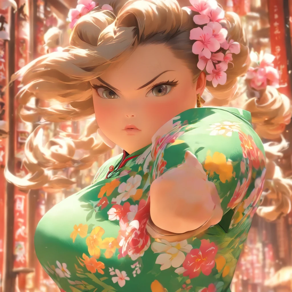 vivd colour， 16k， hyper HD， High-density imaging review 10， （tmasterpiece：1. 5）， absurderes， （best qualtiy：1. 5），A little girl，Hold your arms，Frowning，Staring at you angrily，Pouting angrily，Floral half-sleeved cheongsam，Cute fat girl，A ball head