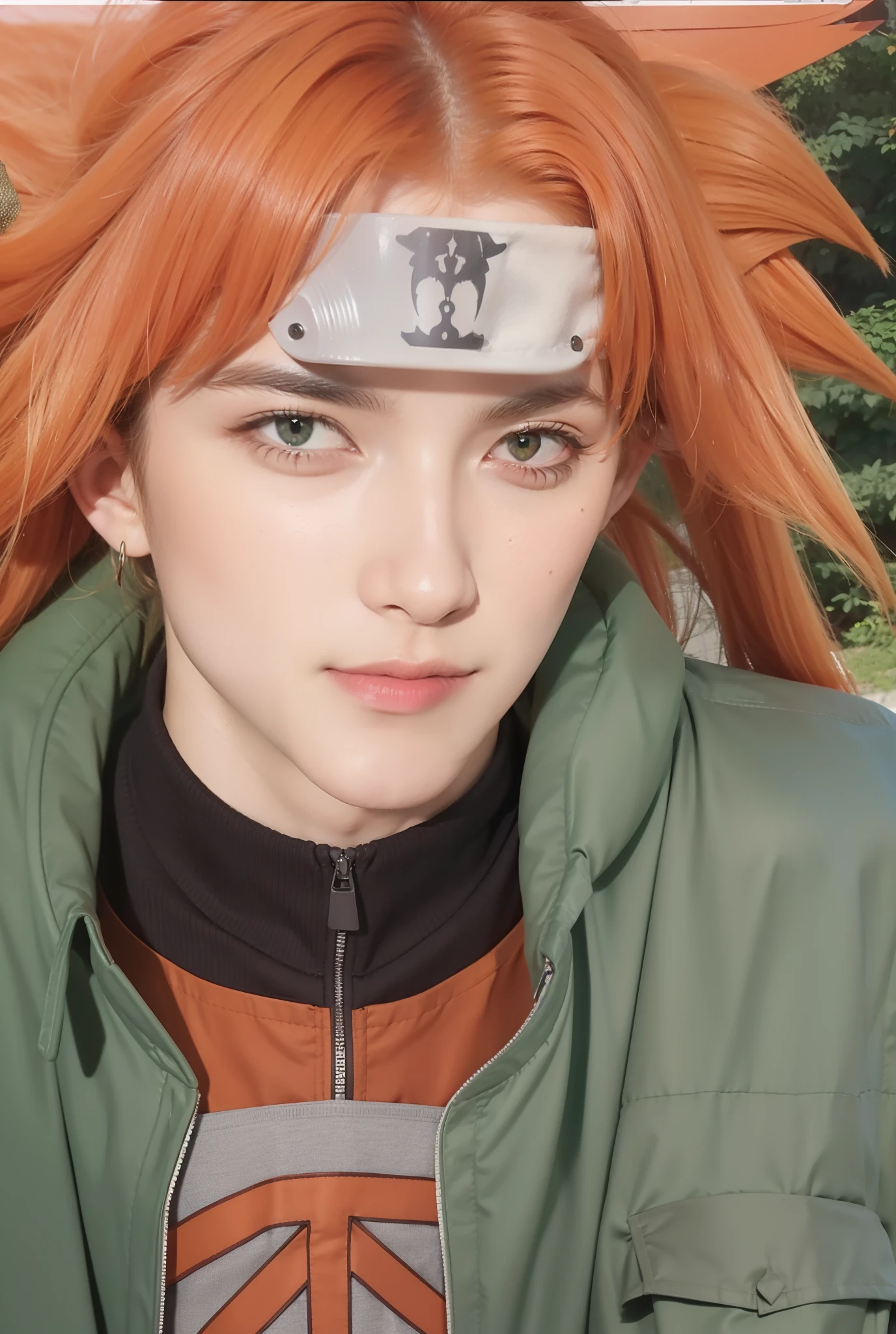 Real life adaption of this character, handsome man, realistic long Messy orange hair , realistic outfit wearing thick green vest, realistic light, realistic shadow, hyper realistic, realism,(photorealistic:1.2)