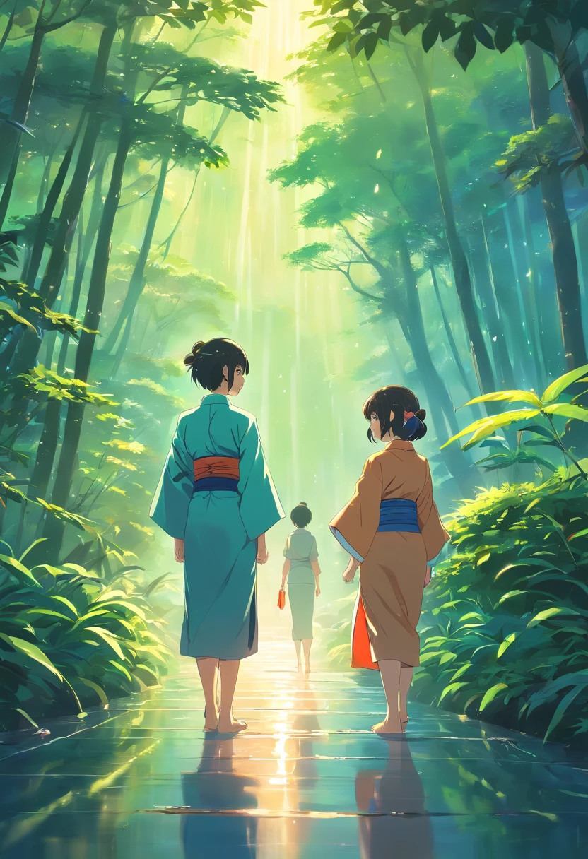 (best quality,4k,highres:1.2),Japanese couple,beautiful detailed girl,geisha,Japanese rainforest,romantic atmosphere,2 people,dreamlike scenery,kimono,traditional Japanese culture,intricate details,soft color palette,fine brush strokes,vivid colors,serene ambiance,gentle rain,peaceful setting,subtle lighting,harmonious composition,tranquil mood,ethereal beauty