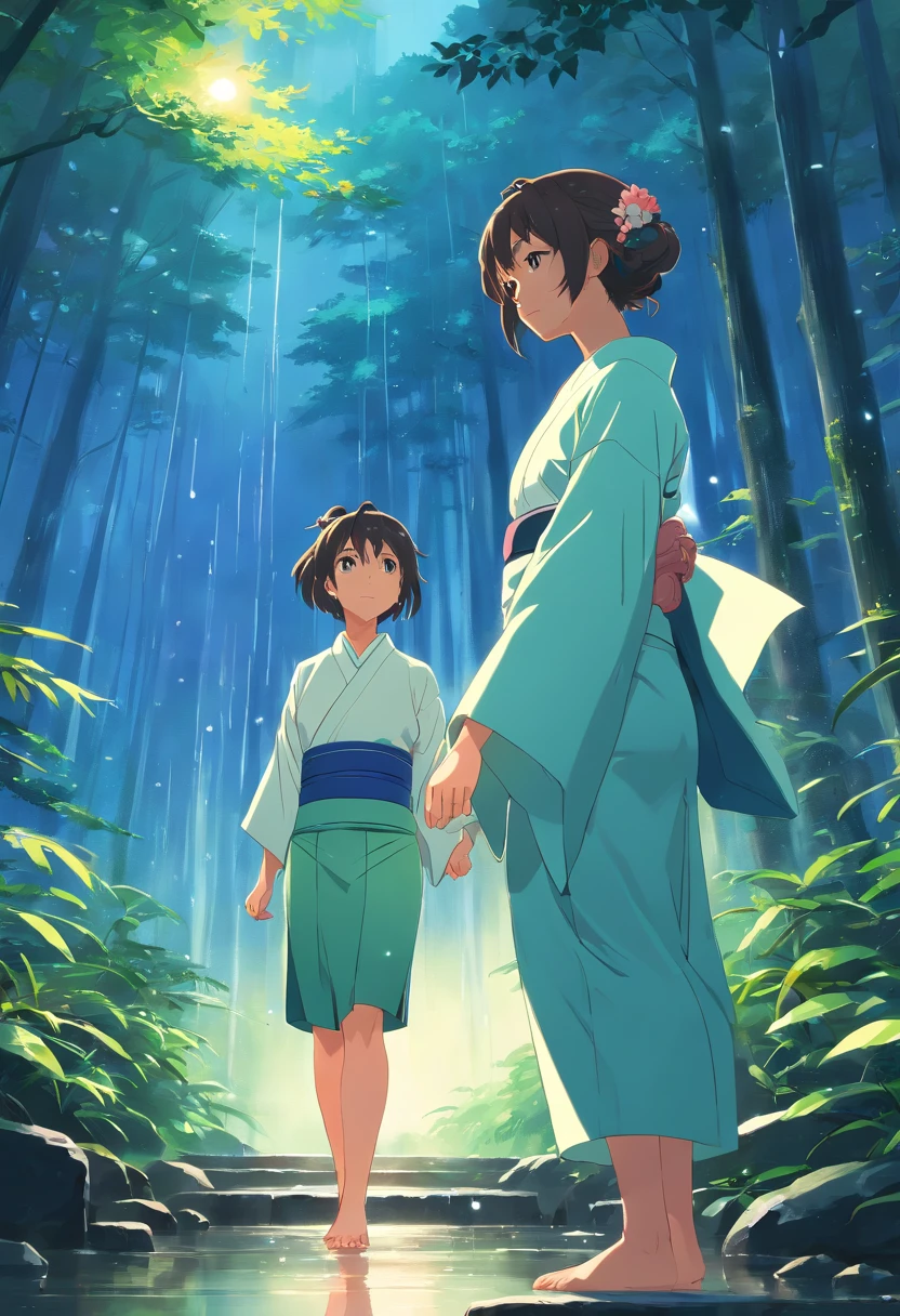(best quality,4k,highres:1.2),Japanese couple,beautiful detailed girl,geisha,Japanese rainforest,romantic atmosphere,2 people,dreamlike scenery,kimono,traditional Japanese culture,intricate details,soft color palette,fine brush strokes,vivid colors,serene ambiance,gentle rain,peaceful setting,subtle lighting,harmonious composition,tranquil mood,ethereal beauty