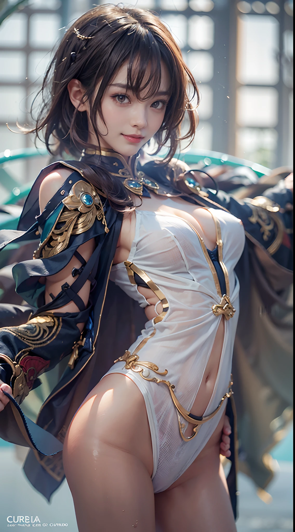 (The FW), 1womanl, Solo, 24 year old, 7headed body, (cute face), (Ideal ratio body proportions), long , Magic Effects, Fantasia, ((Kungfu)), panties focus, Sexy body, heavy wind, The costume is sheer, Wet, Smiling smile, short-hair, Dark hair, small tits, A slender, Small buttocks, beauty legs, Skinny Legs, surrealism, Cinematic lighting, depth of fields, One-person viewpoint, F/1.8, 135 mm, nffsw, masutepiece, ccurate, ((Anatomically correct)), Textured skin, Super Detail, high details, High quality, awardwinning, Best Quality, hight resolution, 8K
