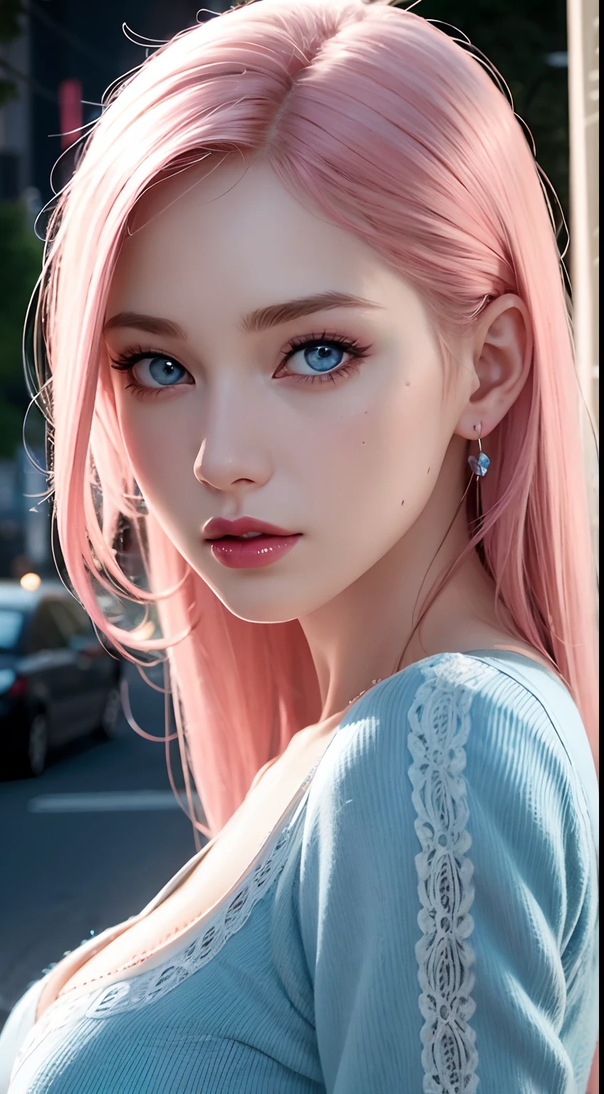 A close up of a woman with pink hair and blue eyes - SeaArt AI