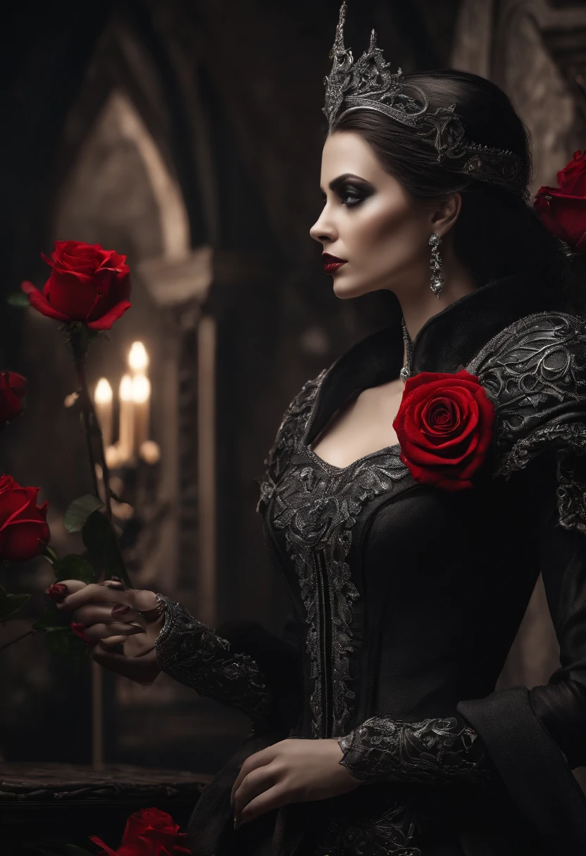 Crie uma obra de arte em 3D de uma vampira usando uma armadura branca adornada com rosas detalhadas de alta qualidade. The work must exhibit the best possible quality, with an emphasis on extreme detail and a complex composition. Utilize uma paleta de cores que inclua os vermelhos profundos das rosas para contrastar com a armadura branca. Make sure the composition exudes elegance and a sense of supernatural beauty, with intricate textures and lighting. Inspire-se em artistas como H.R. Giger, ZBrushCentral e Vitaly Bulgarov