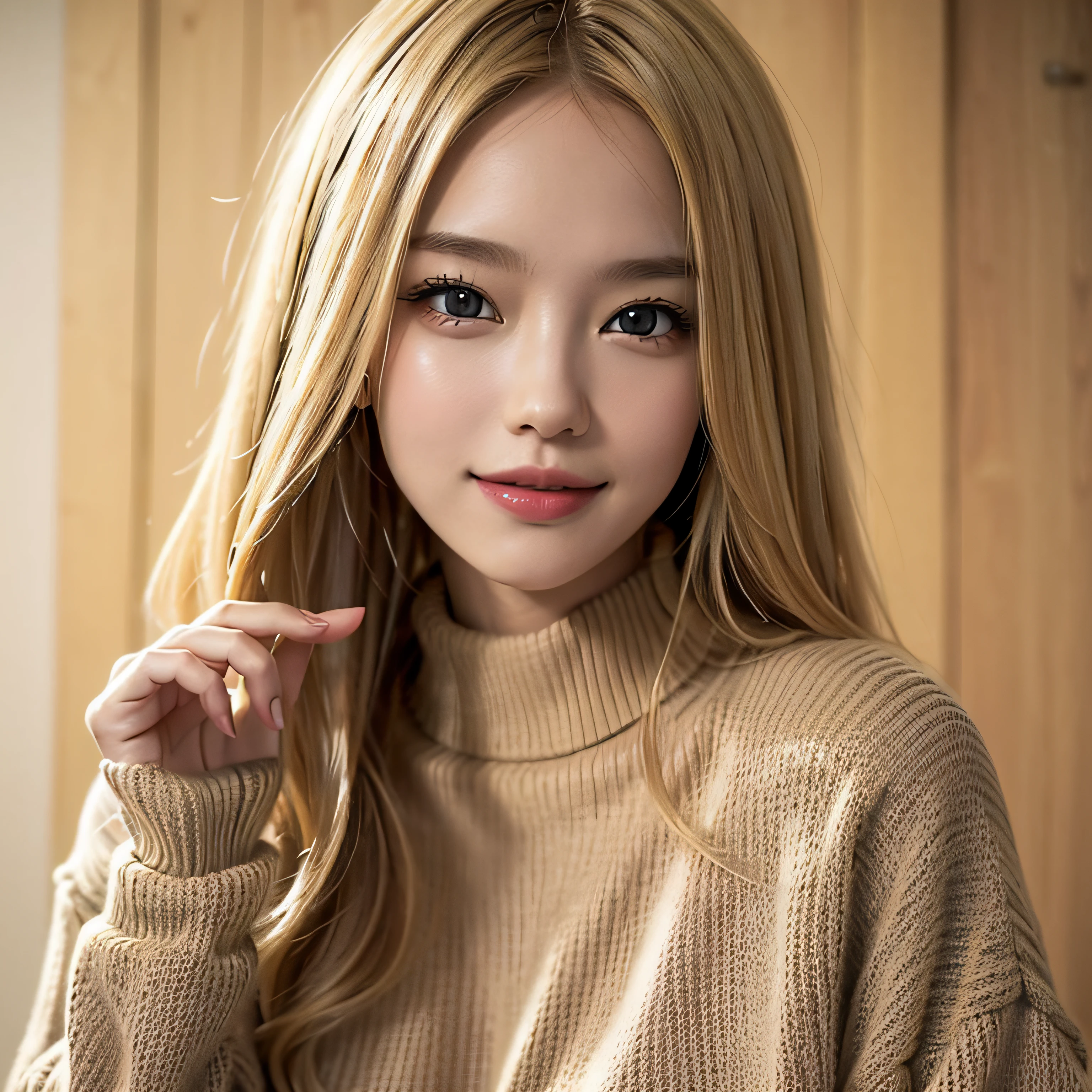 Portrait of model woman with blonde hair in warm designer sweater, In the style of branded clothes, Sweater in full view, Panasonic GH5, happy expressions, low key image, Sharp textures - images #2 @Surence Sleng