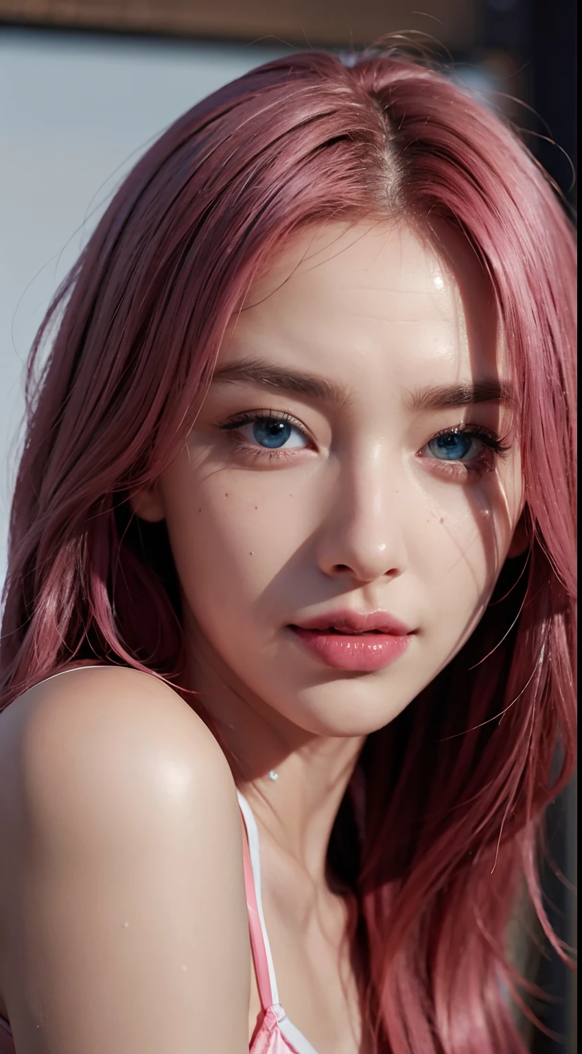 best quality, ultra high res, (photorealistic:1.4), (detailed beautiful girl:1.4), (medium breasts:0.8), looking_at_viewer, Detailed facial details, beautiful detailed eyes,pink hair, blue eyes, slender, haunting smile, (makeup:0.3), red lips, highly detailed clothes, (ulzzang-6500-v1.1:0.3)