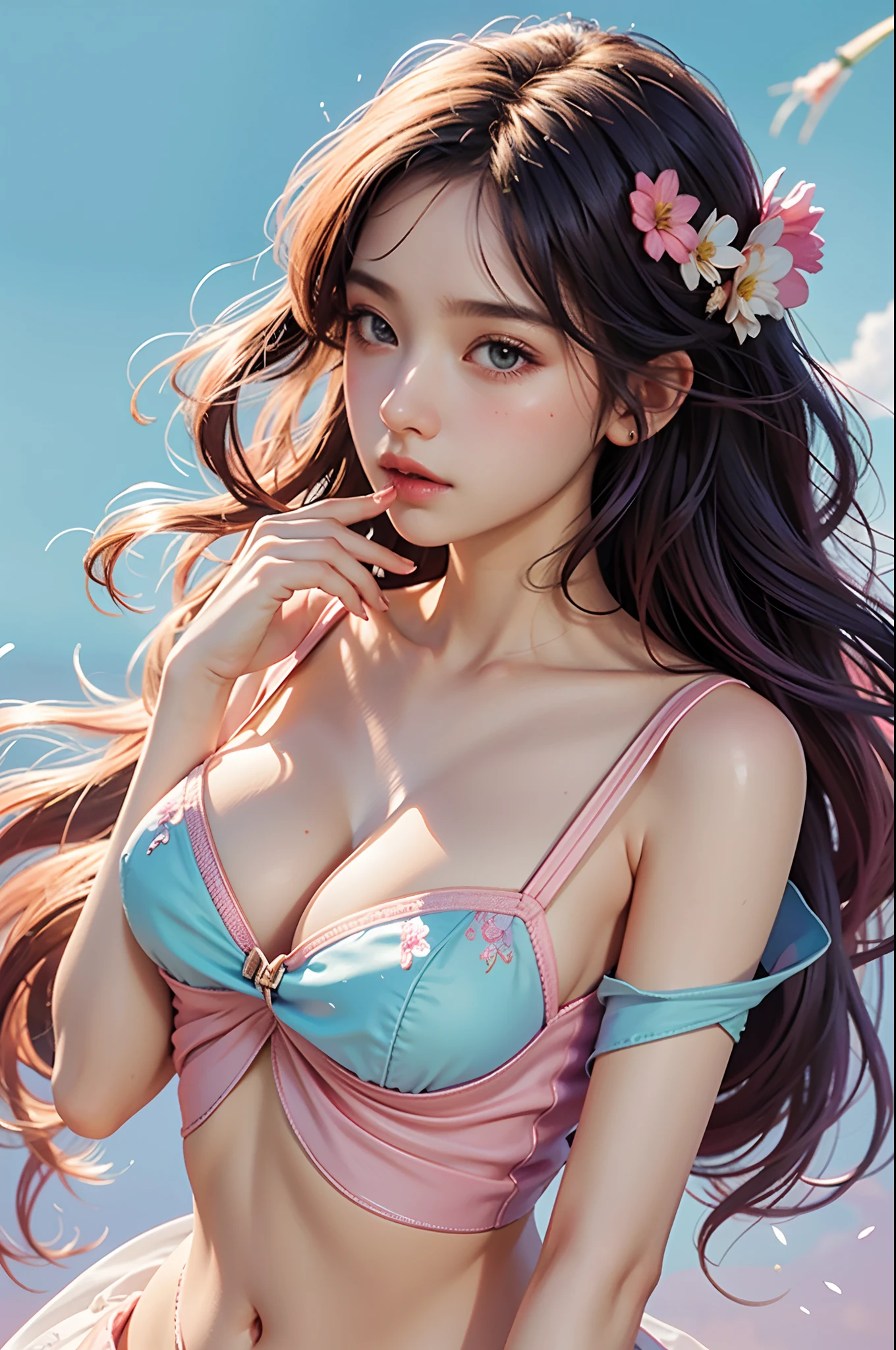 1girls, large boobs, floral, Lycianthus ,In light pink and light blue styles., Dreamy and romantic composition., Light Pink, Intangible slip, Fun arrangement, fantasy, high contrast, Ink strokes, explosions, Over touch, Impression of purple and red tones , abstract, Negative Space,