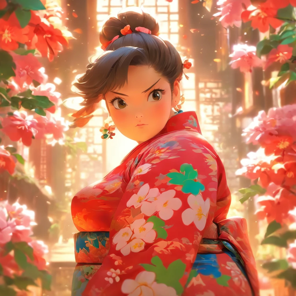 vivd colour， 16k， hyper HD， High-density imaging review 10， （tmasterpiece：1. 5）， absurderes， （best qualtiy：1. 5），A little girl，Hold your arms，Frowning，Staring at you angrily，Pouting angrily，Floral half-sleeved cheongsam，Cute fat girl，A ball head