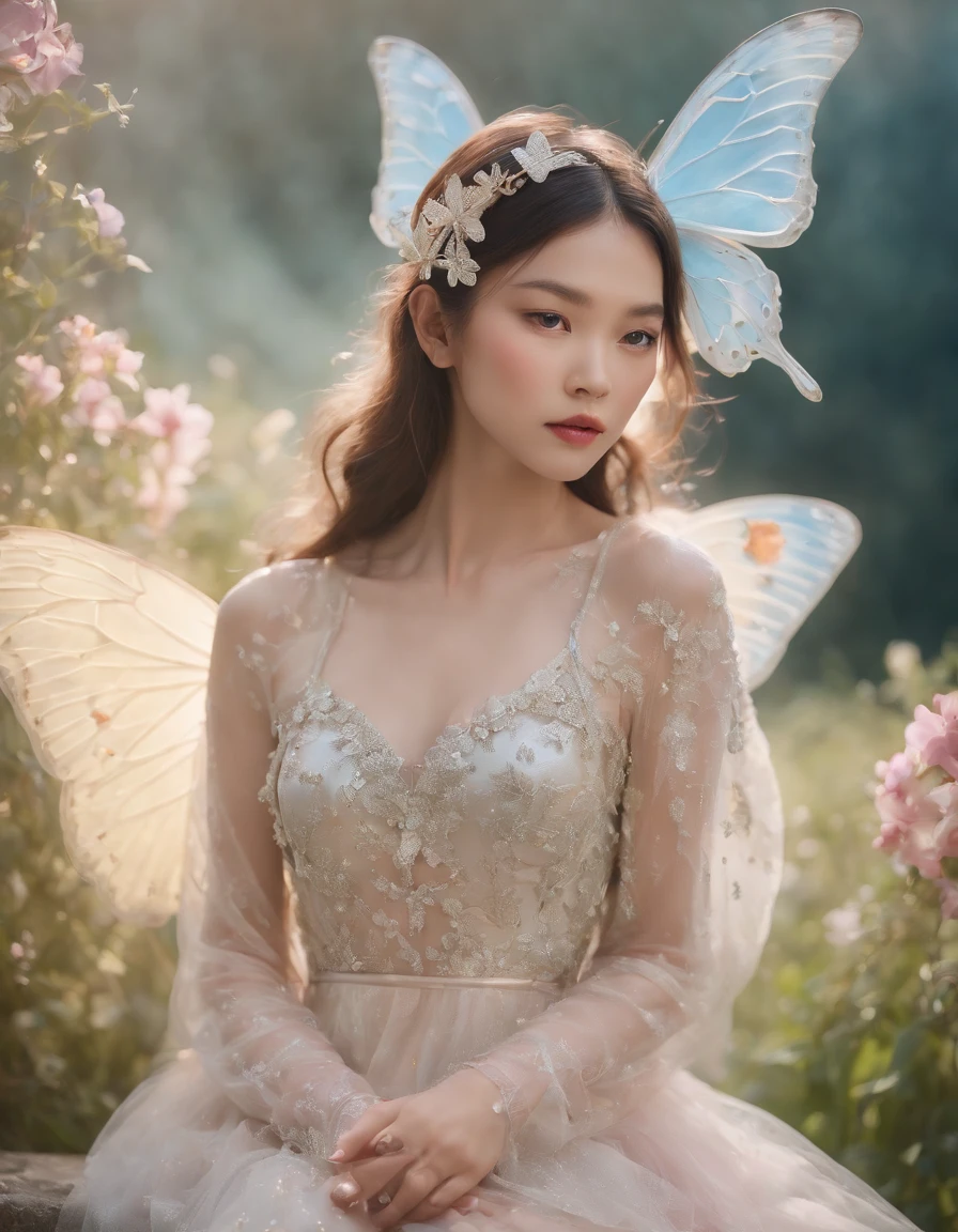 color photo of a mysterious flower fairy with transparent colorful wings, ((( asian girl ))),((Butterflies fly around)), sitting in a divine light, with neon lights, holding a magic wand，axial symmetry, and a magnificent background,silver dress, high heels, flower crown, starry sky background, serene and enigmatic expression, Nikon Z7 II camera, Fujifilm Velvia 50 film, 50mm lens, high saturation, Tim Walker, David LaChapelle, Sofia Coppola, Valentino, Alexander McQueen,((close-up))
