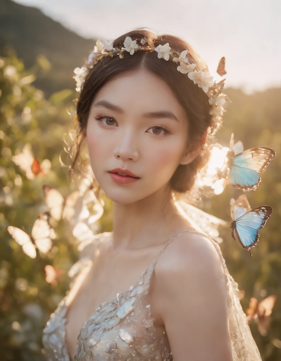 color photo of a mysterious flower fairy with transparent colorful wings, ((( asian girl ))),((Butterflies fly around)), sitting in a divine light, with neon lights, holding a magic wand,axial symmetry, and a magnificent background,silver dress, high heels, flower crown, starry sky background, serene and enigmatic expression, Nikon Z7 II camera, Fujifilm Velvia 50 film, 50mm lens, high saturation, Tim Walker, David LaChapelle, Sofia Coppola, Valentino, Alexander McQueen,((close-up))
