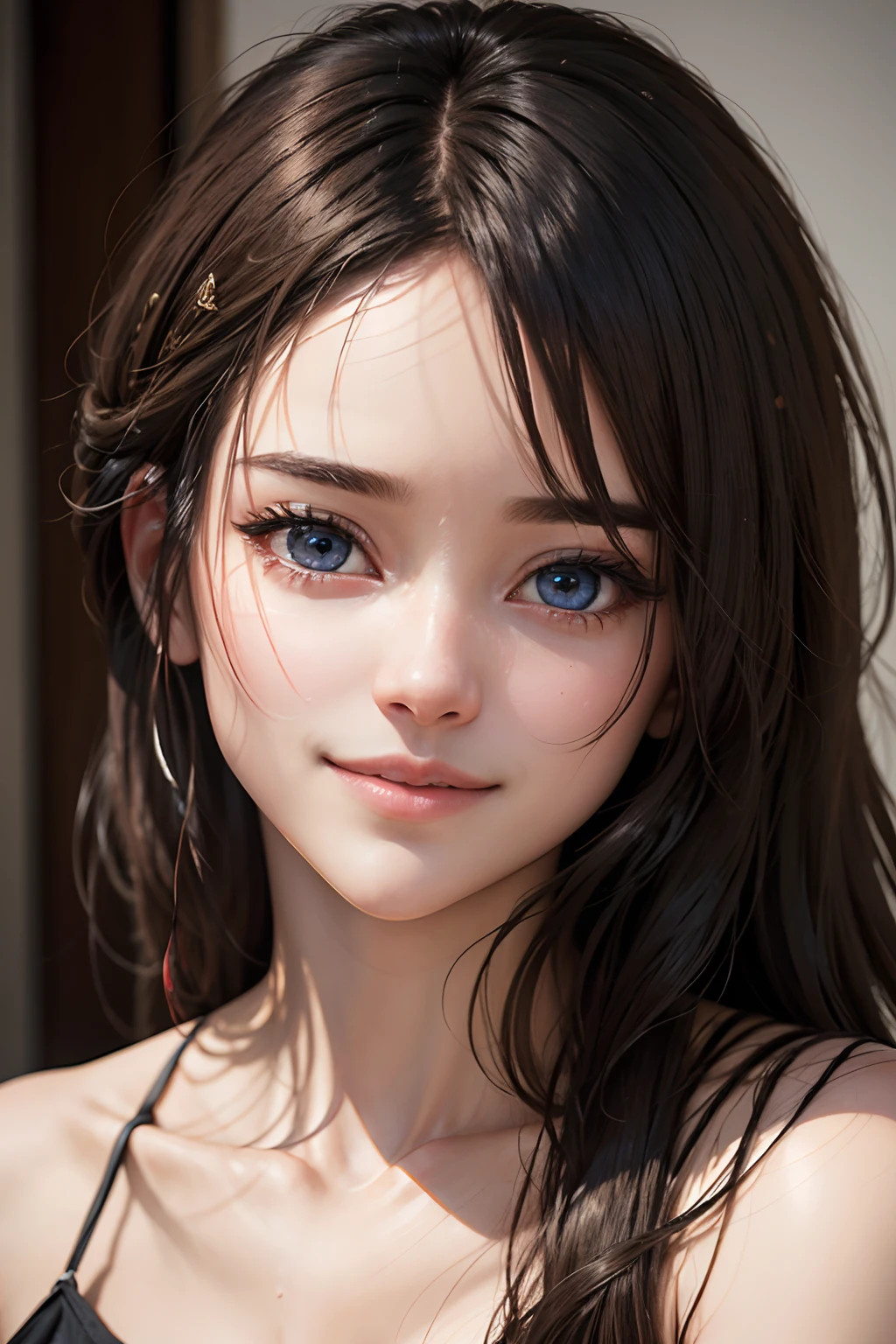 (1young girl), (Ultra realistic, high res), (highly detailed eyes, highly detailed hair, highly detailed face, highly detailed plump lips), naked, (off shoulder), breasts, upper body, caute smile, (best quality:1.4), Raw photo, (realistic, photo-realistic:1.37), professional photography, cinematic light, (fine face: 1.2),