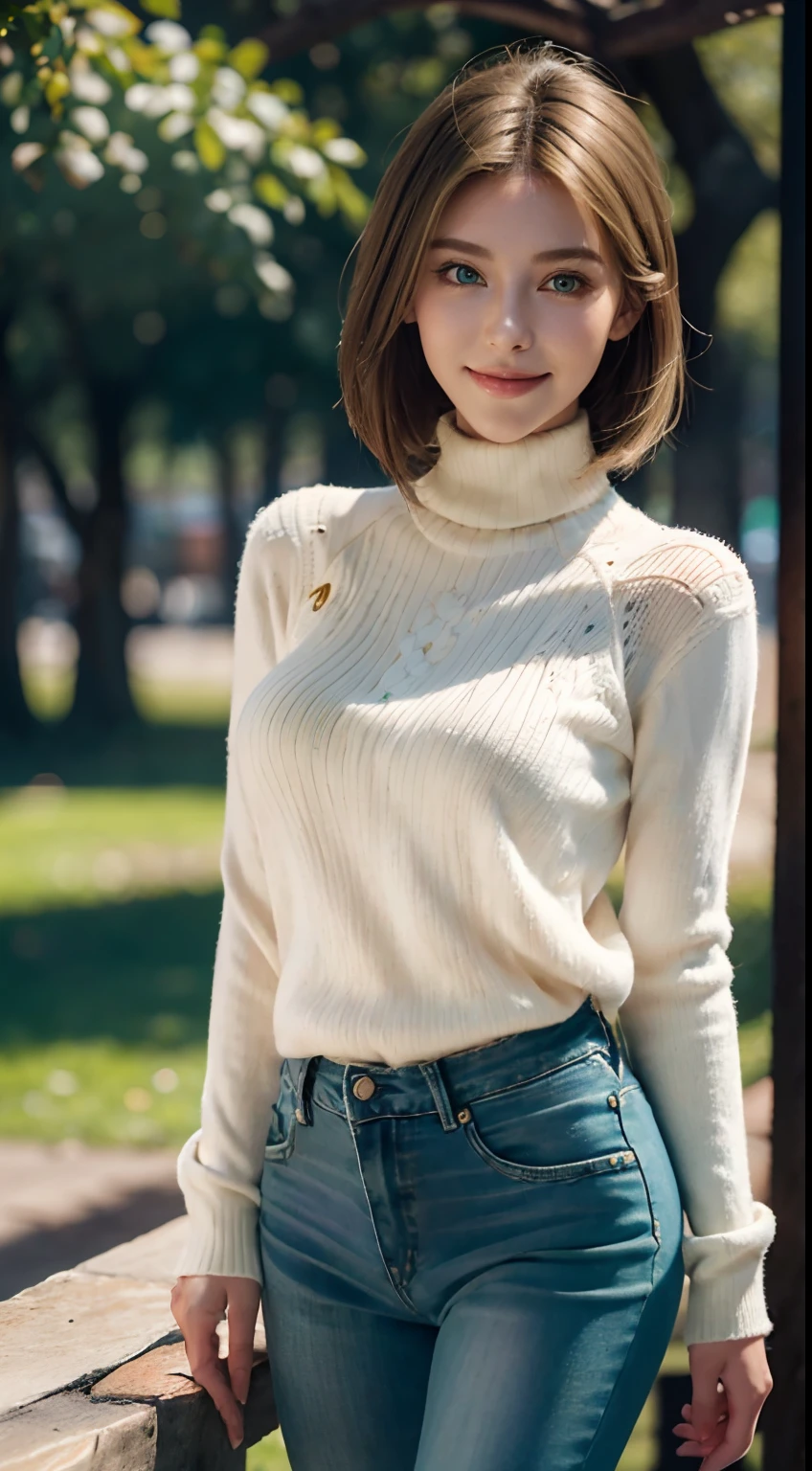 Masterpiece, Best quality, Ultra-detailed, Beautiful lighting, woman, Tight jeans, Blonde hair, (Green eyes:1.3), (White sweater:1.2), Turtleneck, The stands up, In Park, Beautiful scenery, Slight blush, Smiling, (Cute smile:1,1), (Glossy lips:1.1), (Beautiful eyes:1.1), wonderful backround, Closed mouth, Arms_Behind_back, Short hair