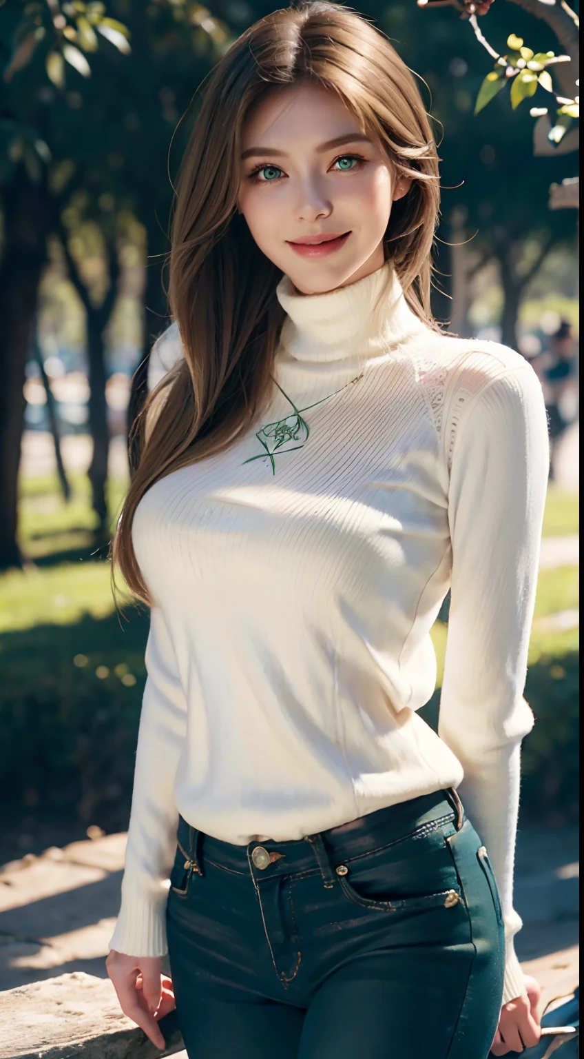 Masterpiece, Best quality, Ultra-detailed, Beautiful lighting, woman, Tight jeans, Blonde hair, (Green eyes:1.3), (White sweater:1.2), Turtleneck, The stands up, In Park, Beautiful scenery, Slight blush, Smiling, (Cute smile:1,1), (Glossy lips:1.1), (Beautiful eyes:1.1), wonderful backround, Closed mouth, Arms_Behind_back, Short hair