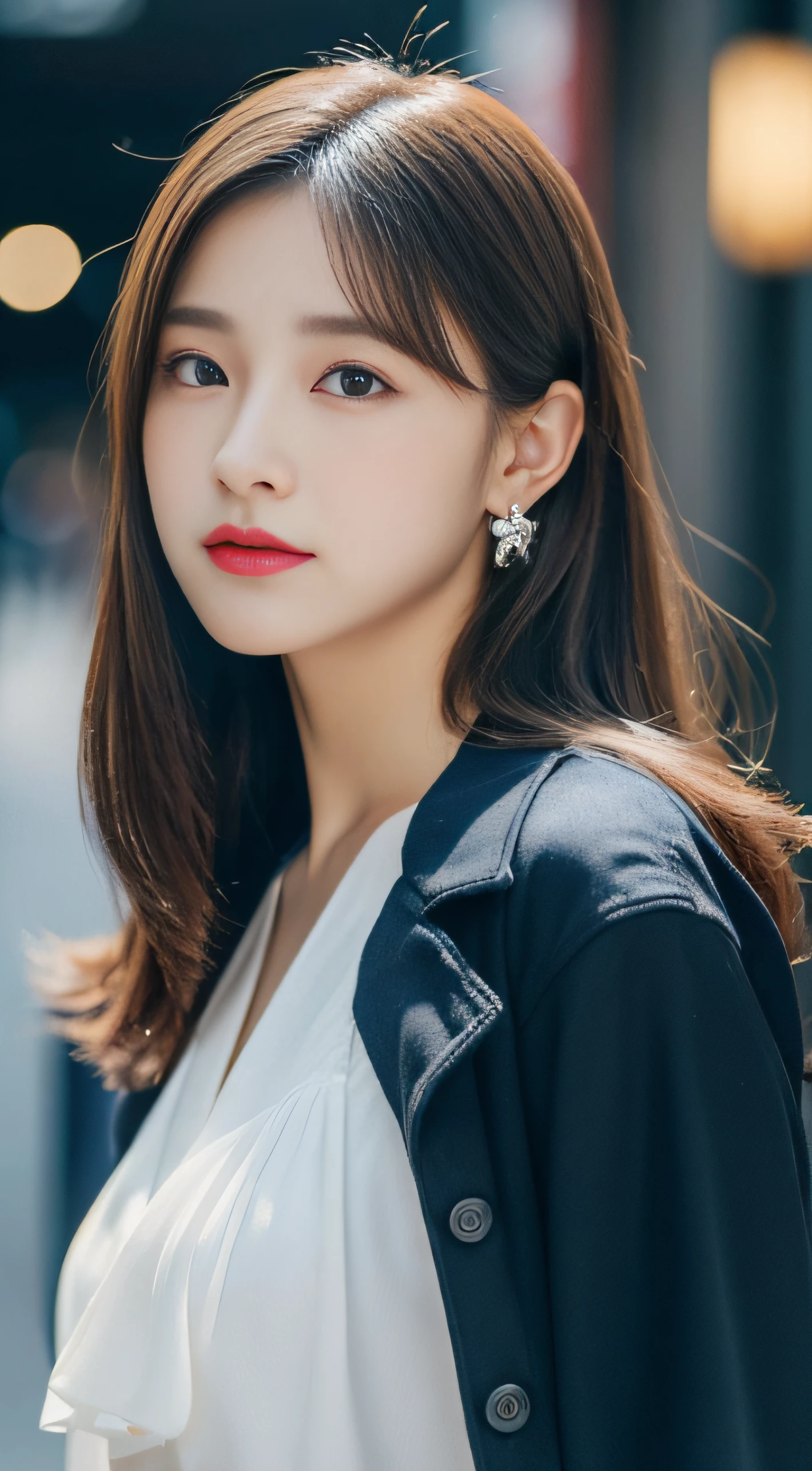 (((32K,very high res, high detailing, highly accurate,Masterpiece Girl 1))),Raw photo & realistic atmosphere,beautiful dark blue eyes,Detailed mouth,Glossy lips,Detailed eyebrows,Soft white skin that shines with every detail,,Eyes drawn in detail、Very beautiful eyes with azure eyes,Detailed lips、Very beautiful face,Very well-formed face、Lifelike face,shiny beautiful lips,Beautiful eyebrows,Infinite reality,Best design,(Insanely cute sober Japan 17-year-old high school girl,Toned body,thighs thighs thighs thighs,Slender legs,Beautifully shaped breasts,Very cute beautiful girl,Little Girl:1.5),Best Natural Makeup,Japanese ido,Korean Idols,Young sensual idol,Moist eyes,Dark beautiful eyes,Beautiful butt,beauty legs,,camel's foot,:1.3),超A high resolution、,Natural and realistic face,Back lighting,Pure eyes are too cute,(((photorealisim,Photograph the whole body))),,Reality Live Action,(Earrings that look fashionable,,a necklace,A bracelet,gyuru,Glossy nail art,Clothes like a girl,,Girlish clothes,,Dress up elegantly and cutely,Tailored jacket,Ruffled inner blouse beautiful draped skirt,Beautiful fashionable girl with little exposure,Light Brown Fluffy Perm Medium Hair,独奏,Lori,chew a little,full body Esbian:1.7),Night in Shibuya(Turned:1.5)
