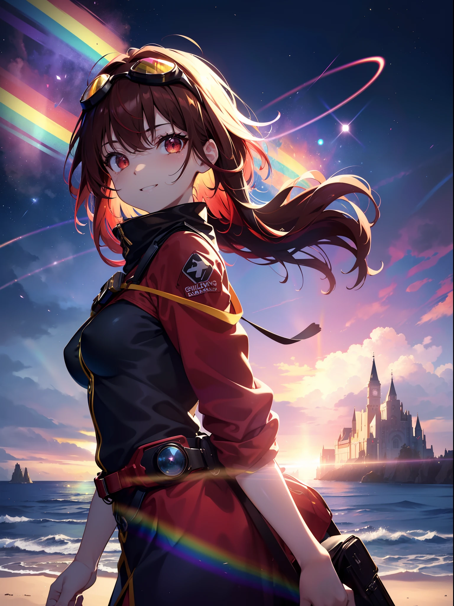 She has cat ears:1.3),(Red eyes in the starry sky:1.3),(Face Focus:1.3),(zoomed:0.7), (Wear detailed brown goggle-type goggles on your head:1.4),(sano:1.3),(Happy expression:1.3),(Proud smile:1.3),(mountaineer:1.3),(Bob with red hair with bright details,:1.3), (hair messy:1.3), (Mountaineers aiming for the summit:1.3), (perfectly detailed eyes:1.3),(Adult leeway:1.3),(Stretch your arms and points:1.3),(She's okay:1.3),Her skin is pale,(Carry a backpack:1.3),(small tit:1.5),(Brown mountaineering jacket:1.3),(treasure trove:1.3),(Gold Wave Art:1.3),She is a war maiden,Emitting an aura of light,(Face Zoom:1.3),Highest Quality, (Treasure map in hand:1.3),(Sunshine:1.3),Complex castle town,Lens Flare, Big rainbow,The moon shines,money, bloom, ((light glow)), chromatic abberation], Digital Painting, Insane details, Intricate details, Beautifully color graded, Anime Clothing,Unreal Engine, Cinematic , colour grading, Editorial Photography , Photography, Kiss Shot, Canon 5D Camera Photography,Shot on 70mm lens, Depth of subject, ultra sharpness, nffsw, octane, Unreal, Dramatic light, Global Illumination,Motion Picture Film,rainbow,lensflare,(Rainbow Aura Wave:1.3),(Red string:1.3),(Agfacolor:1.3),(close portrait:1.3),(Feminine:1.4),(Beautiful:1.4),(Attractive:1.3),Move an angle,Themed Background,