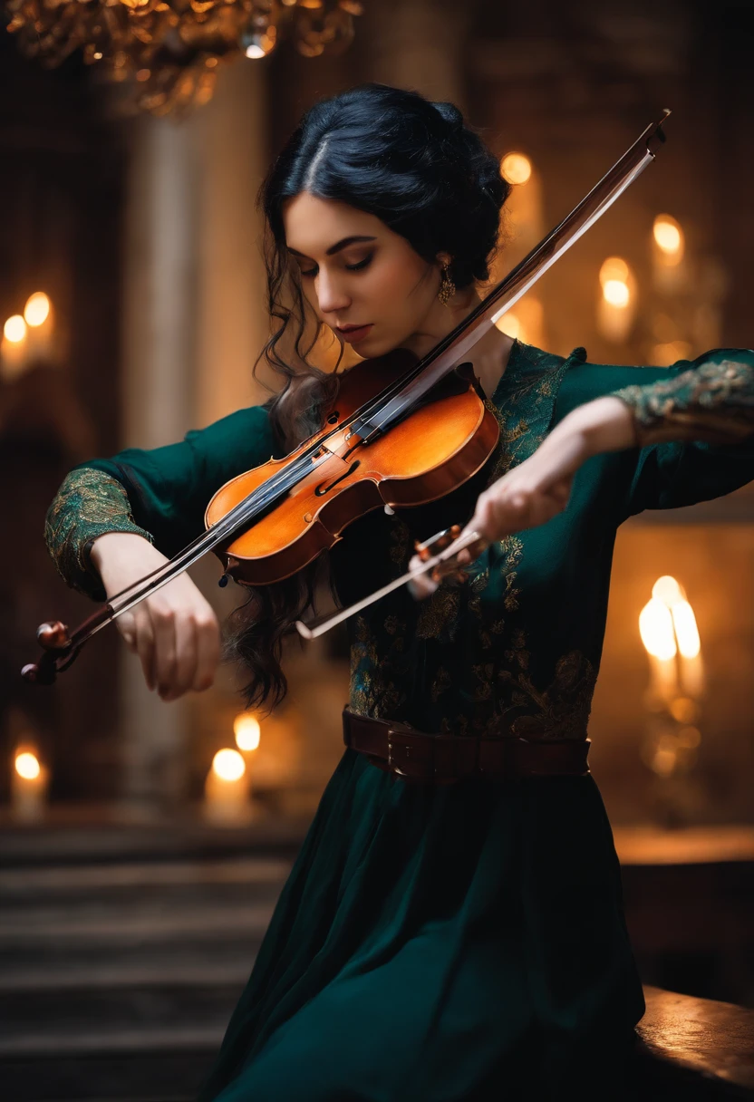 an elf bard violinist of 18 years, black hair, fair skin, woman