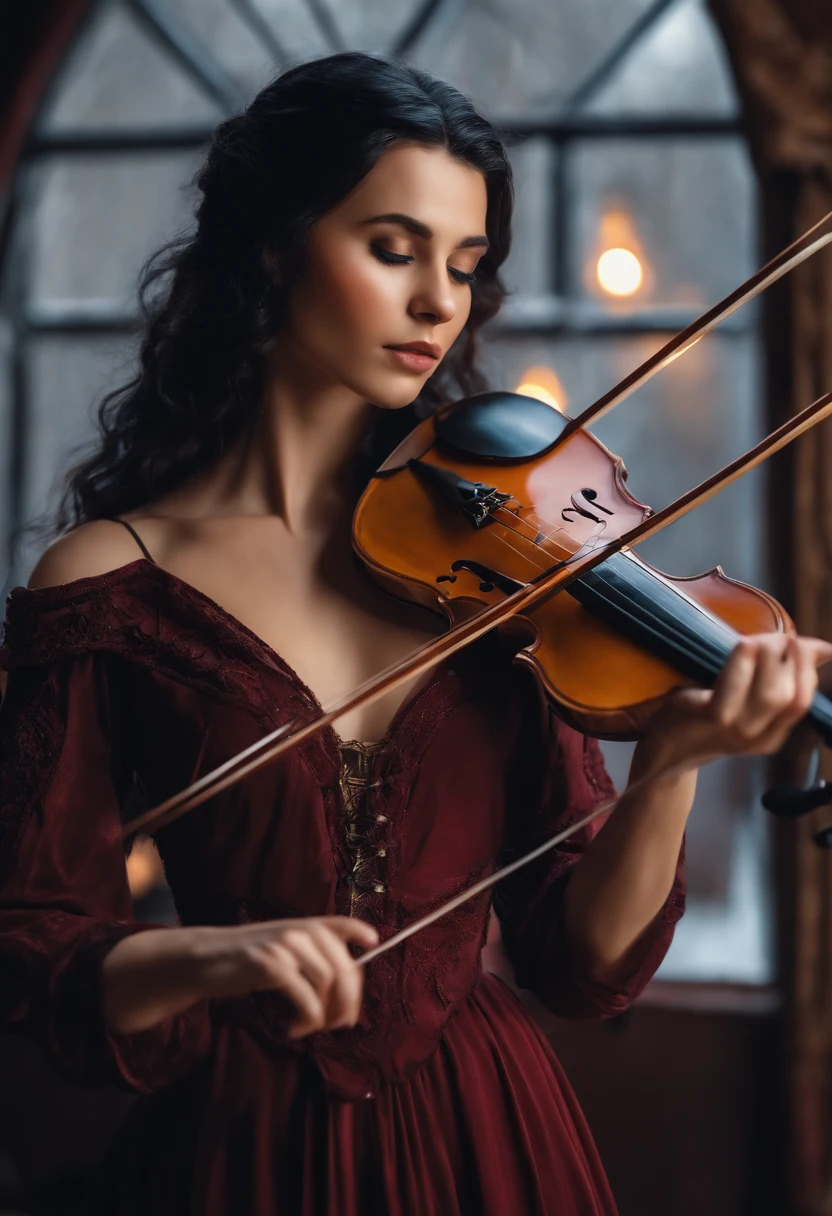 an elf bard violinist of 18 years, black hair, fair skin, woman