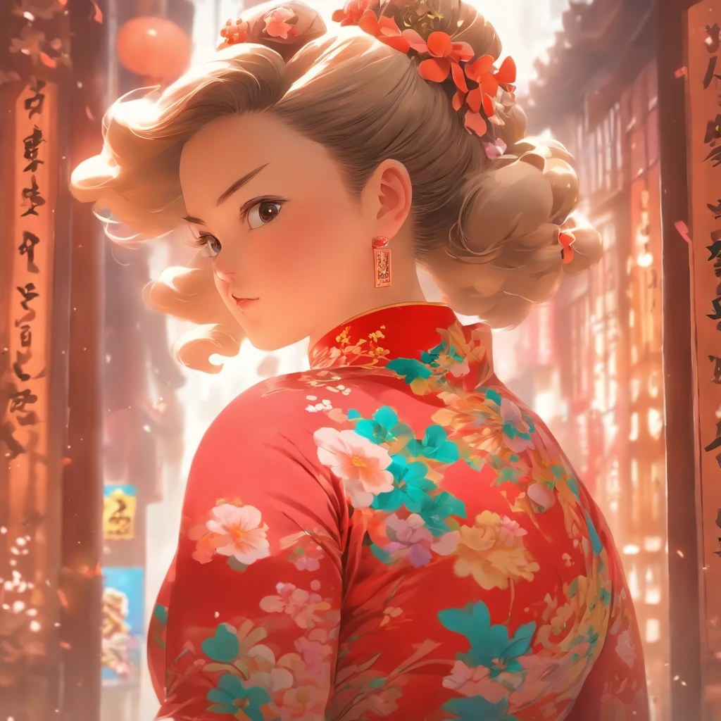 vivd colour, 16k, hyper HD, High-density imaging review 10, (tmasterpiece:1. 5), absurderes, (best qualtiy:1. 5),A girl,Hold your arms,Frowning,Staring at you angrily,Pouting angrily,Floral half-sleeved cheongsam,Cute fat girl,A ball head