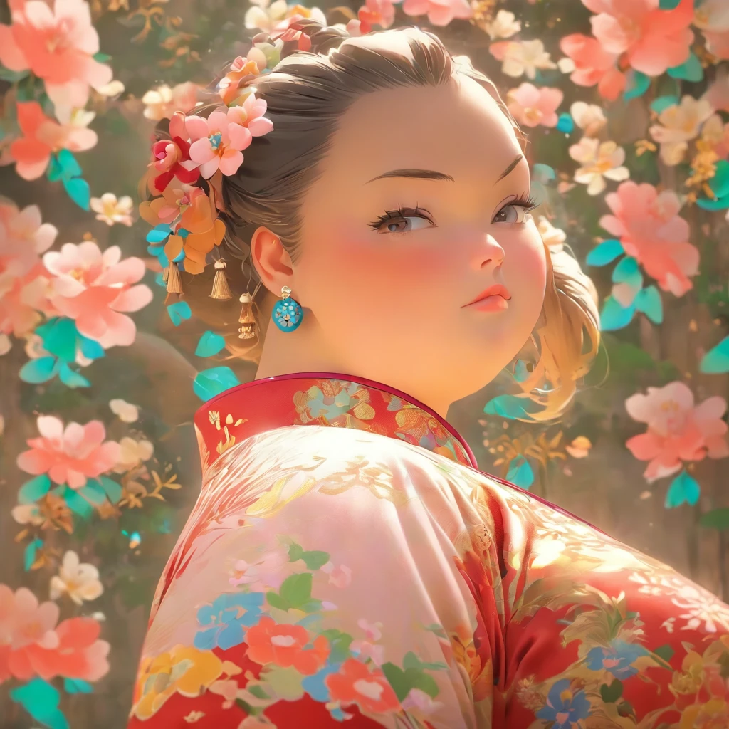 vivd colour， 16k， hyper HD， High-density imaging review 10， （tmasterpiece：1. 5）， absurderes， （best qualtiy：1. 5），A little girl，Hold your arms，Frowning，Staring at you angrily，Pouting angrily，Floral half-sleeved cheongsam，Cute fat girl，A ball head