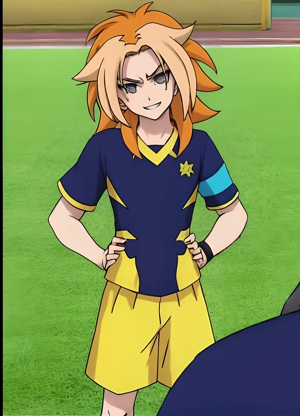 a closeup of a person standing on a field with a soccer ball, como um personagem de anime, Norihiro Yagi, vestindo uniforme de futebol escolar, Kentaro Miura estilo de arte, Arte Oficial, Menina do anime chamada Lucy, Otaku Gangasta, Personagem de anime, laranja - menino anime cabelo, Boku in the style of hero academy, Estilo Anime 2022