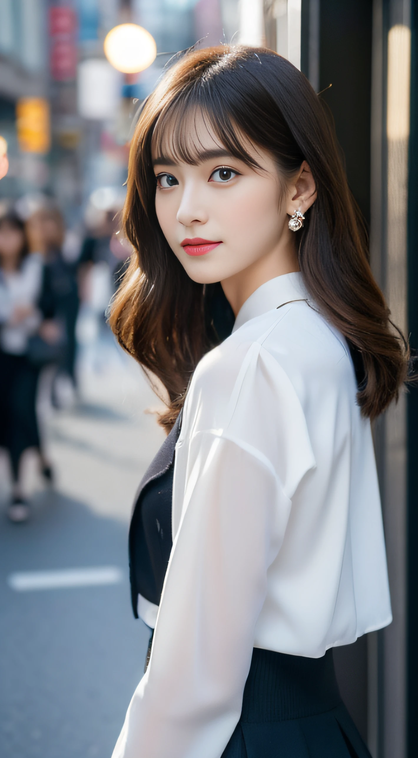 (((32K,very high res, high detailing, highly accurate,Masterpiece Girl 1))),Raw photo & realistic atmosphere,beautiful dark blue eyes,Detailed mouth,Glossy lips,Detailed eyebrows,Soft white skin that shines with every detail,,Eyes drawn in detail、Very beautiful eyes with azure eyes,Detailed lips、Very beautiful face,Very well-formed face、Lifelike face,shiny beautiful lips,Beautiful eyebrows,Infinite reality,Best design,（Insanely cute sober Japan 17-year-old high school girl,Toned body,thighs thighs thighs thighs,Slender legs,Beautifully shaped breasts,Very cute beautiful girl,Little Girl：1.5）,Best Natural Makeup,Japanese ido,Korean Idols,Young sensual idol,Moist eyes,Dark beautiful eyes,Beautiful butt,beauty legs,,camel's foot,：1.3),超A high resolution、,Natural and realistic face,Back lighting,Pure eyes are too cute,(((photorealisim,Photograph the whole body))),,Reality Live Action,（Earrings that look fashionable,,a necklace,A bracelet,gyuru,Glossy nail art,Clothes like a girl,,Girlish clothes,,Dress up elegantly and cutely,Tailored jacket,Ruffled inner blouse beautiful draped skirt,Beautiful fashionable girl with little exposure,Light Brown Fluffy Perm Medium Hair,独奏,Lori,chew a little,full body Esbian：1.7）,Night in Shibuya（Turned：1.5）
