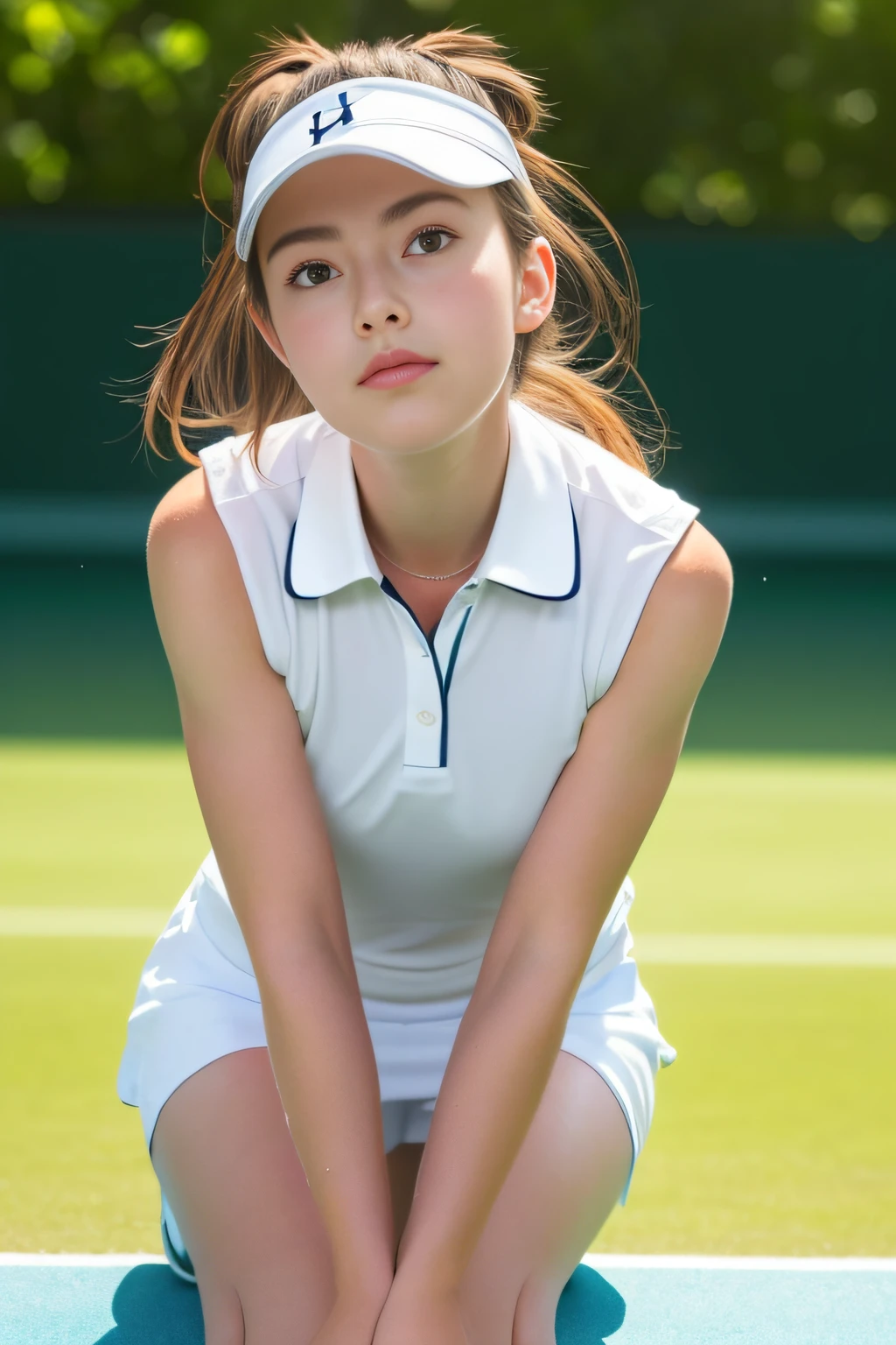 absurderes, masterpiece, top-quality, realisitic, The ultra-detailliert, Tennis player、Tennis Wear, (glowy skin, Sweaty:1.4), Look at viewers, 1girl, A Japanese Lady、cute little:14 Solo, White polo shirt, White sneakers, White mini skirt, length hair, brown haired, black eyes, A slender, (thighs thighs thighs thighs:1.2), 动态照明, hight resolution, foco nítido, depth of fields, A detailed eye, Sharp pupils, Realistic pupils, medium chest、Tennis rackets、