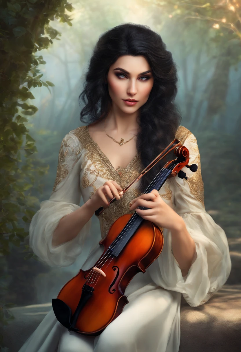 an elf bard violinist of 18 years, black hair, fair skin, woman
