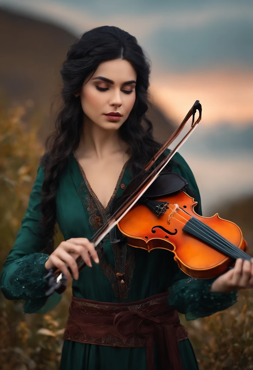 an elf bard violinist of 18 years, black hair, fair skin, woman