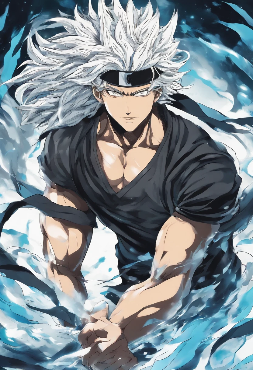 homem musculoso, cabelo preto,olhos azuis, regata branca,Running in the Bleach manga style