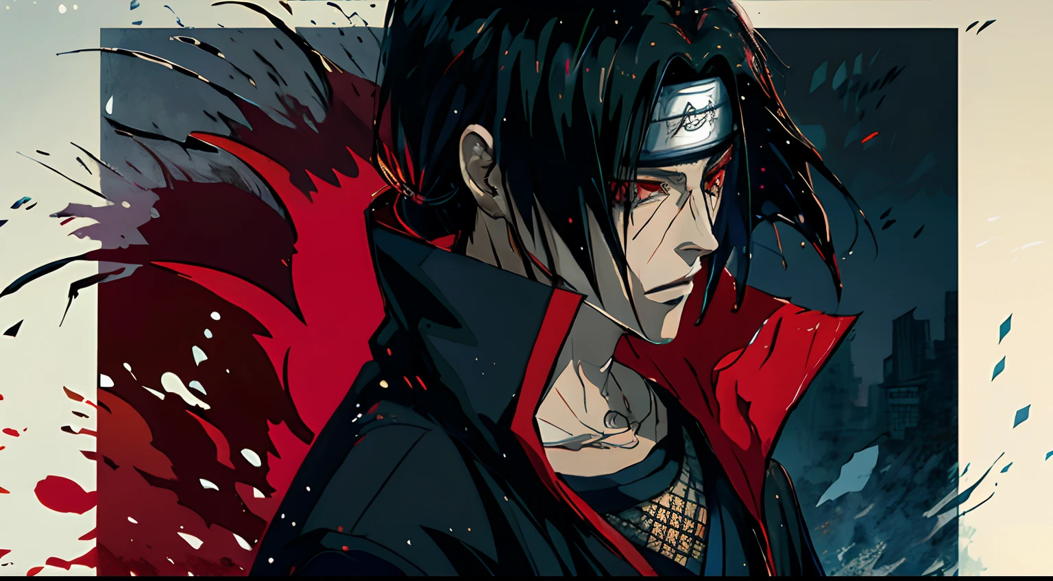 Estilo Cyberpunk Uchiha Itachi Detalhado, futurista (neon light: 1.1) Desgaste reflexivo, scientific fiction, Robot Parts, Gold Parts, EF 50mm Facial Cinematographic Light Machine, ((arte por Greg Rutkowsky)), (ghibli studio: 1.1), Artgern, arte, illustration, ((Ambiente escuro)), ((Vegnette)), ((HDR)) ((Minimum palette colors)), tons suaves, cores suaves, cores fracas, calmas, cores pastel altamente detalhadas, detalhes intrincados