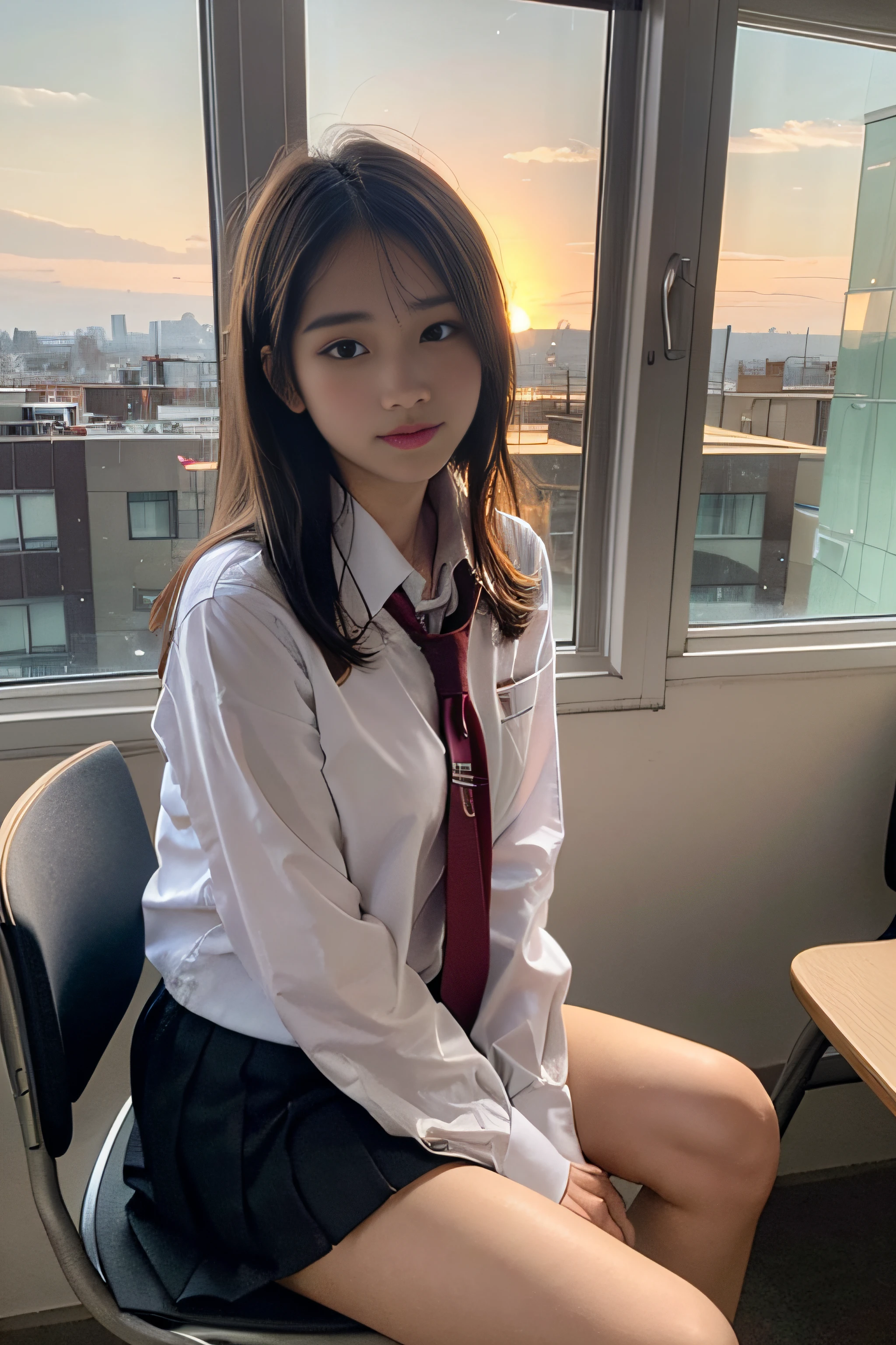 1girl in、japanes、 (Solo)、(Chest Up Shot)、18-year-old schoolgirl、(Sitting on a school chair by the window)、She's looking at this、Sunset hits、(Super beautiful girl:1.5)、(A detailed face)、Textured skin、Adult face、Bare legs、Brown hair、(School uniform)、highschool、crass room、School Desks and Chairs、The windows are full of residential areas and sunsets.