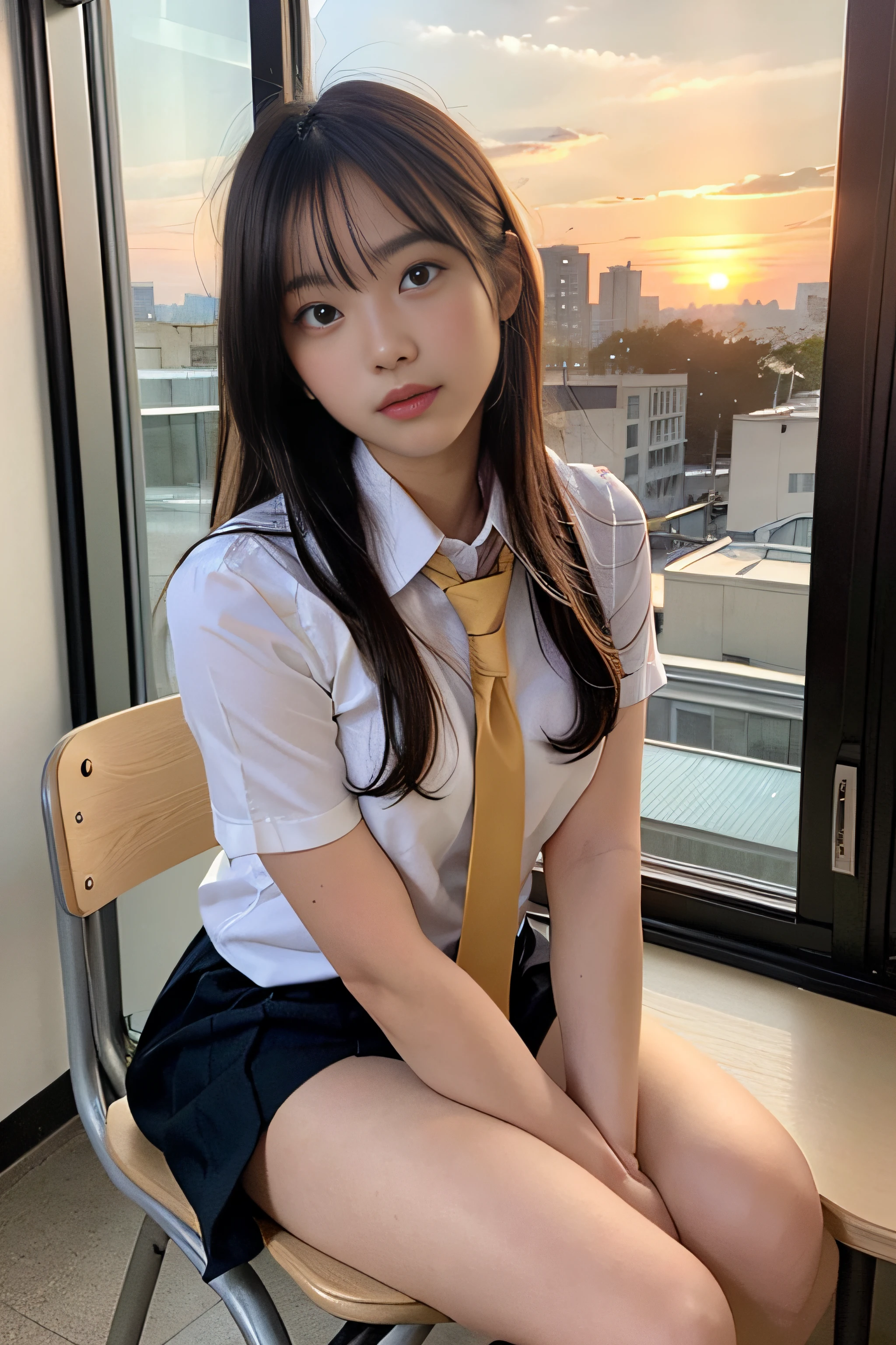 1 Girl M、japanse、 (Soio)、(Chest shot up)、18year old、(Sitting on a school chair by the window)、She's looking at it、Sunset hits、(ultra cute girl:1.5)、(A detailed face)、Textured Leather、Bare legged、Brown hair、(校服)、 School、crass room、School Desks and Chairs、The windows are full of residential areas and sunsets.