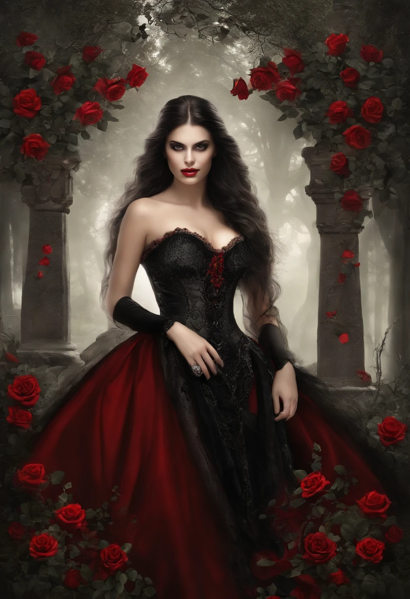 Crie uma obra de arte digital de uma vampira usando um vestido branco decorado com rosas detalhadas de alta qualidade. The work must exhibit the best possible quality, with an emphasis on extreme detail and a complex composition. Incorpore uma paleta de cores rica, incluindo vermelhos profundos para as rosas, contrasting with the vampire's pale skin. Make sure the overall composition exudes elegance and a sense of supernatural beauty. Inspire-se em artistas como Luis Royo, Victoria Frances e Anne Stokes
