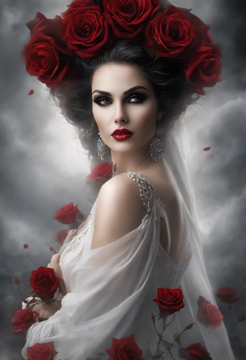 Crie uma obra de arte digital de uma vampira usando um vestido branco decorado com rosas detalhadas de alta qualidade. The work must exhibit the best possible quality, with an emphasis on extreme detail and a complex composition. Incorpore uma paleta de cores rica, incluindo vermelhos profundos para as rosas, contrasting with the vampire's pale skin. Make sure the overall composition exudes elegance and a sense of supernatural beauty. Inspire-se em artistas como Luis Royo, Victoria Frances e Anne Stokes