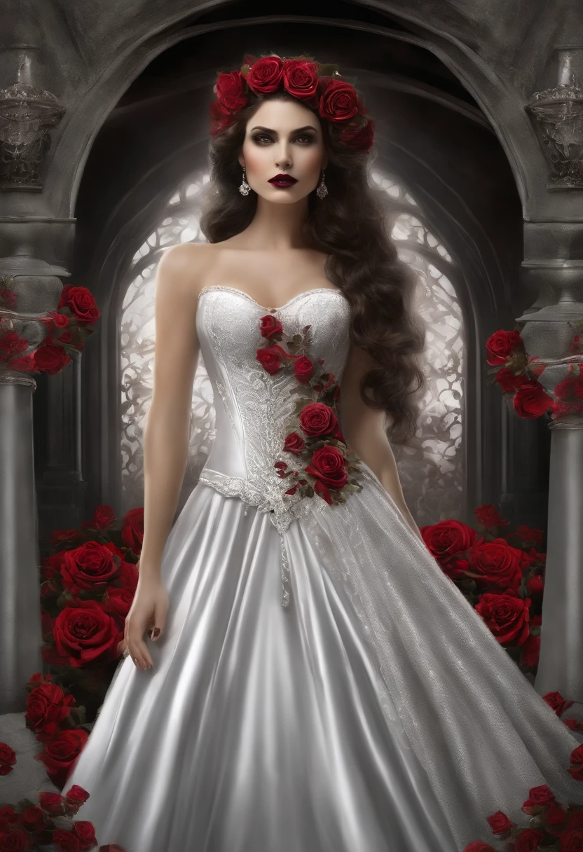 Crie uma obra de arte digital de uma vampira usando um vestido branco decorado com rosas detalhadas de alta qualidade. The work must exhibit the best possible quality, with an emphasis on extreme detail and a complex composition. Incorpore uma paleta de cores rica, incluindo vermelhos profundos para as rosas, contrasting with the vampire's pale skin. Make sure the overall composition exudes elegance and a sense of supernatural beauty. Inspire-se em artistas como Luis Royo, Victoria Frances e Anne Stokes