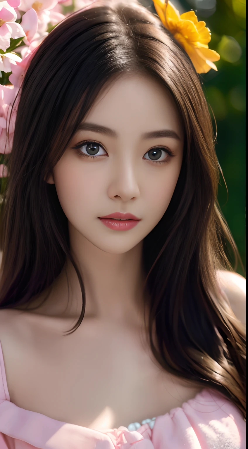 best qualtiy，tmasterpiece，hight resolution，1girll，dingdall effect，realisticlying，edge lit，two tone lighting，（highdetailskin：1.2），8K UHD，pure，Dolce，flowers background，Colorful background，Based on physical rendering，Perfect Light and Shadow，extreme hight detail，Pink tones，eye reflections，Raised sexy，perfect bodies，Superb Beauty，largeeyes，long eyelasher，Delicate eyes，big shiny eyes，Minor pupil reflex，Shoulder and neck details，The texture of the pupil is delicate，Perfect eyes，black pupils，best qualtiy，tmasterpiece，16 K，a picture，head portrait，Bigchest，long-sleeve，Take care of your chest，Large breasts，Delicate avatars
