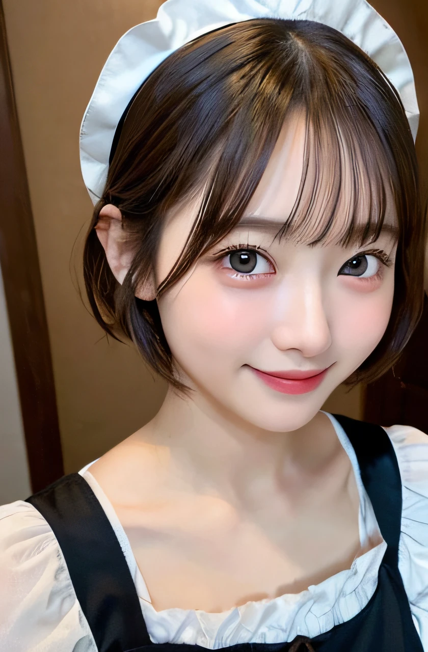 (8k, RAW photo, best quality, masterpiece:1.2), High detail RAW color photo, professional photograph,(realistic, photo realistic:1.2), ((best quality)),HDR, 1girl,18 years old,middle breasts, nipples, beautiful eyes,smile, japanese idol, extremely pretty, cute, perfect face, blush, Gentle facial expression, looking at viewer, 1girl, masterpiece,realistic,nsfw,looking at viewer,white panties,smiling shyly,nogizaka girl, round big eyes, shiny skin,small nostrils,light makeup, (french traditional black maid costume:1.2),maid headdress,short hair,socks,shallow depth of field,