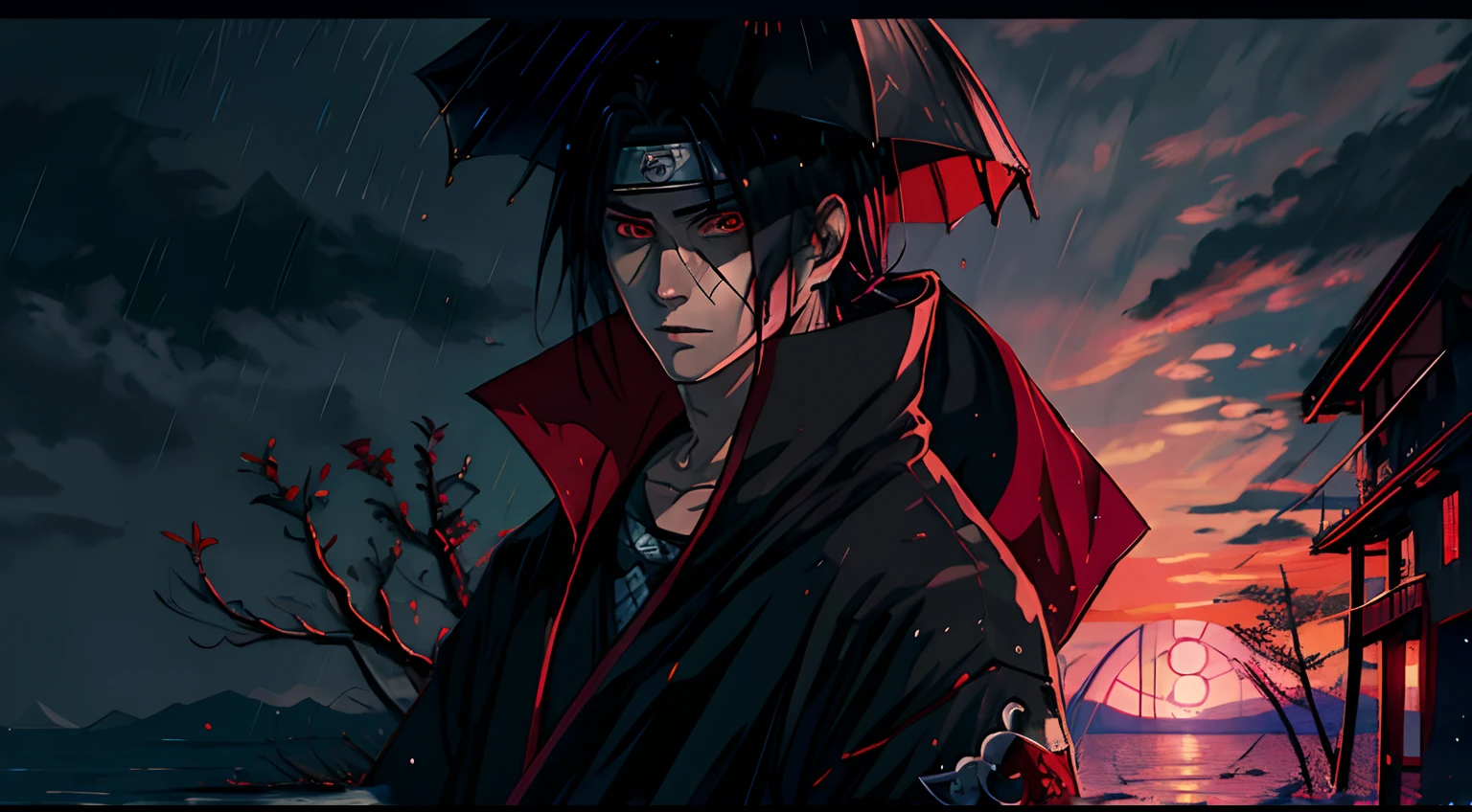 uchiha itachi obra-prima, 8k, melhor qualidade, detalhado na chuva olhos vermelho brilhando escuro azulado