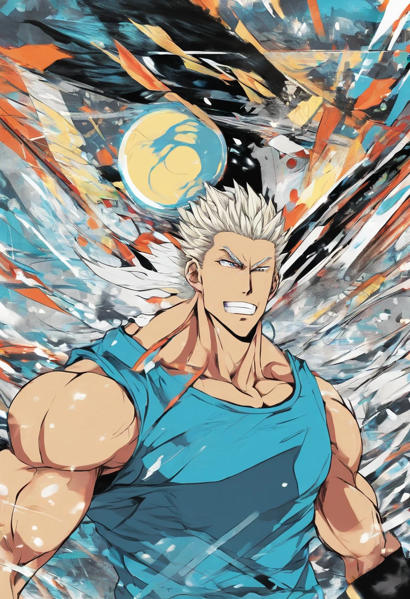 a anime of a man with a gray hair, from side view, side view, teeth, wihthout shirt, no shirt, not wearing cloth, sweat, sweatdrop, white shirt, light, color manga, manga color, color manga, color manga panel, simple background, a white background