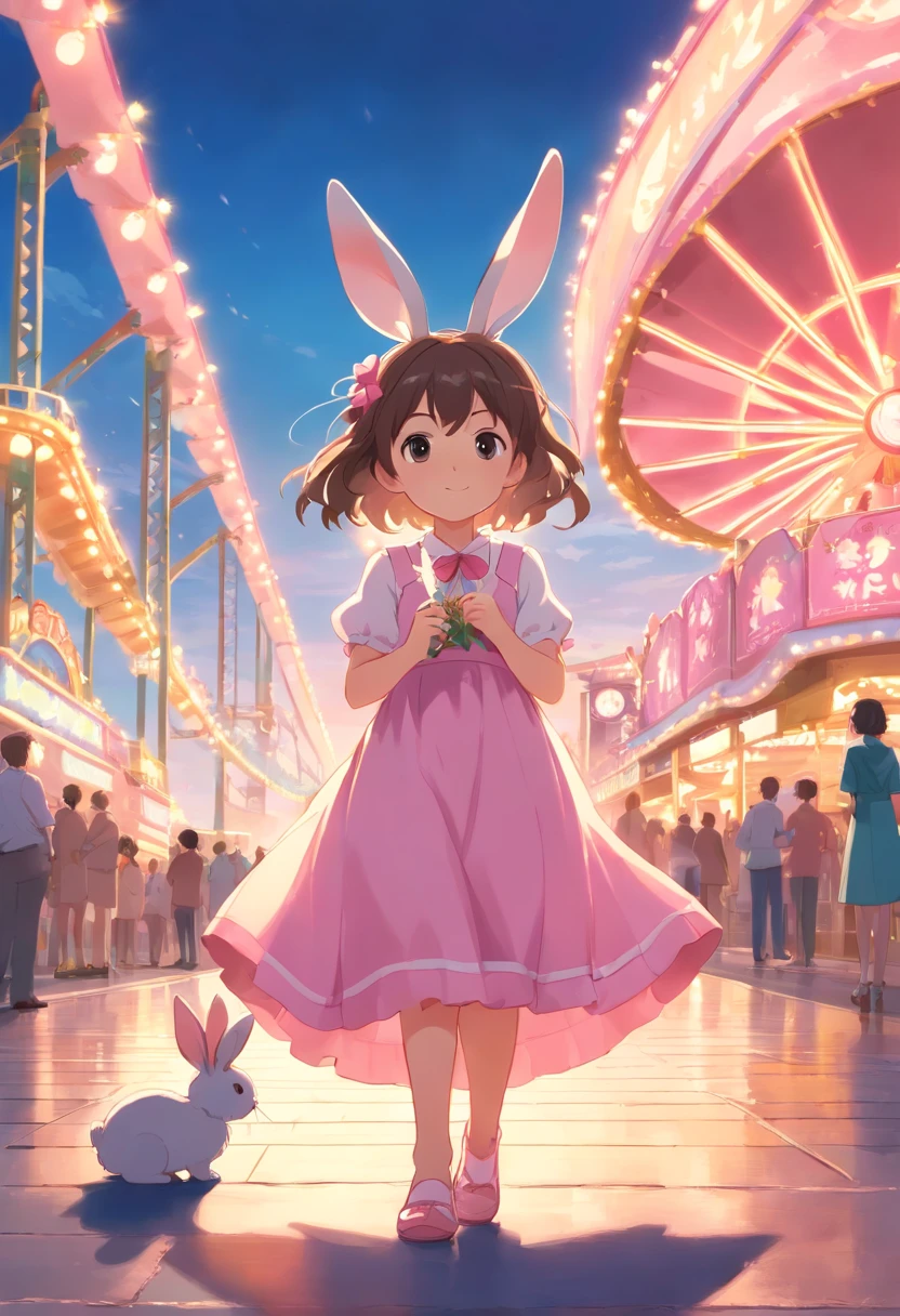 in a long dress holding a little rabbit hairpin in one hand,Holding one dressed in pink at a large amusement park,A little bunny wearing a scalloped bow hairpin