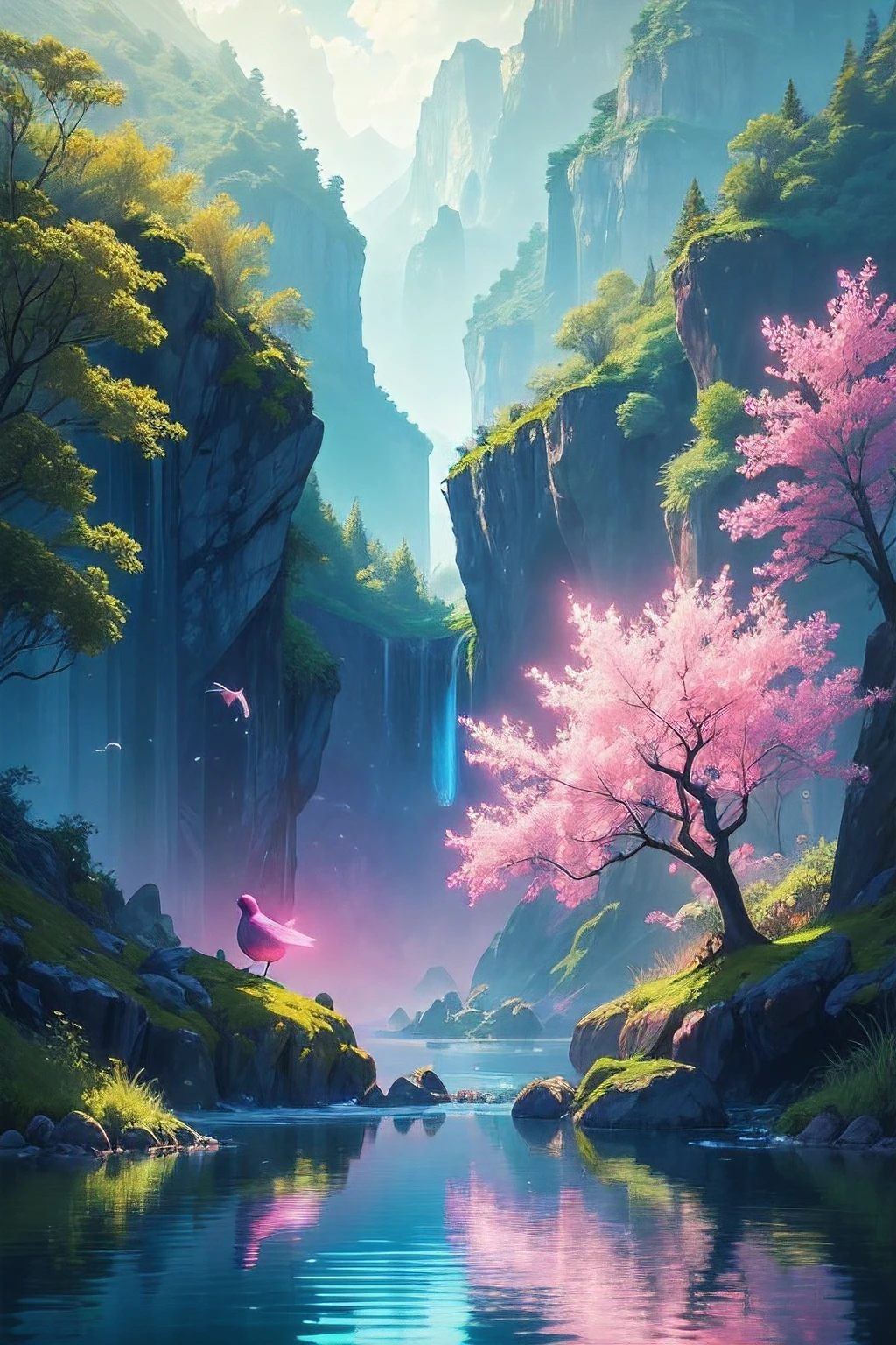 Create a beautiful scene, with birds, animals, vegetation, water, neon, magenta, green, pink, blue, white, award-winning, different image