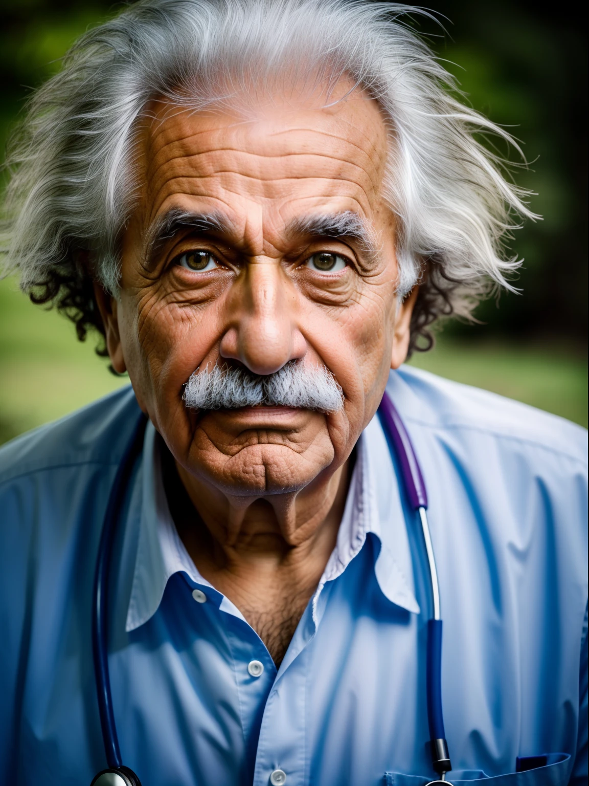 An average photo of an old man who looks like einstein in a doctor's outfit, looking-into-camera, Realistic details, foto tirada com uma Nikon D850, perfeitamente iluminado, uma profundidade de campo rasa